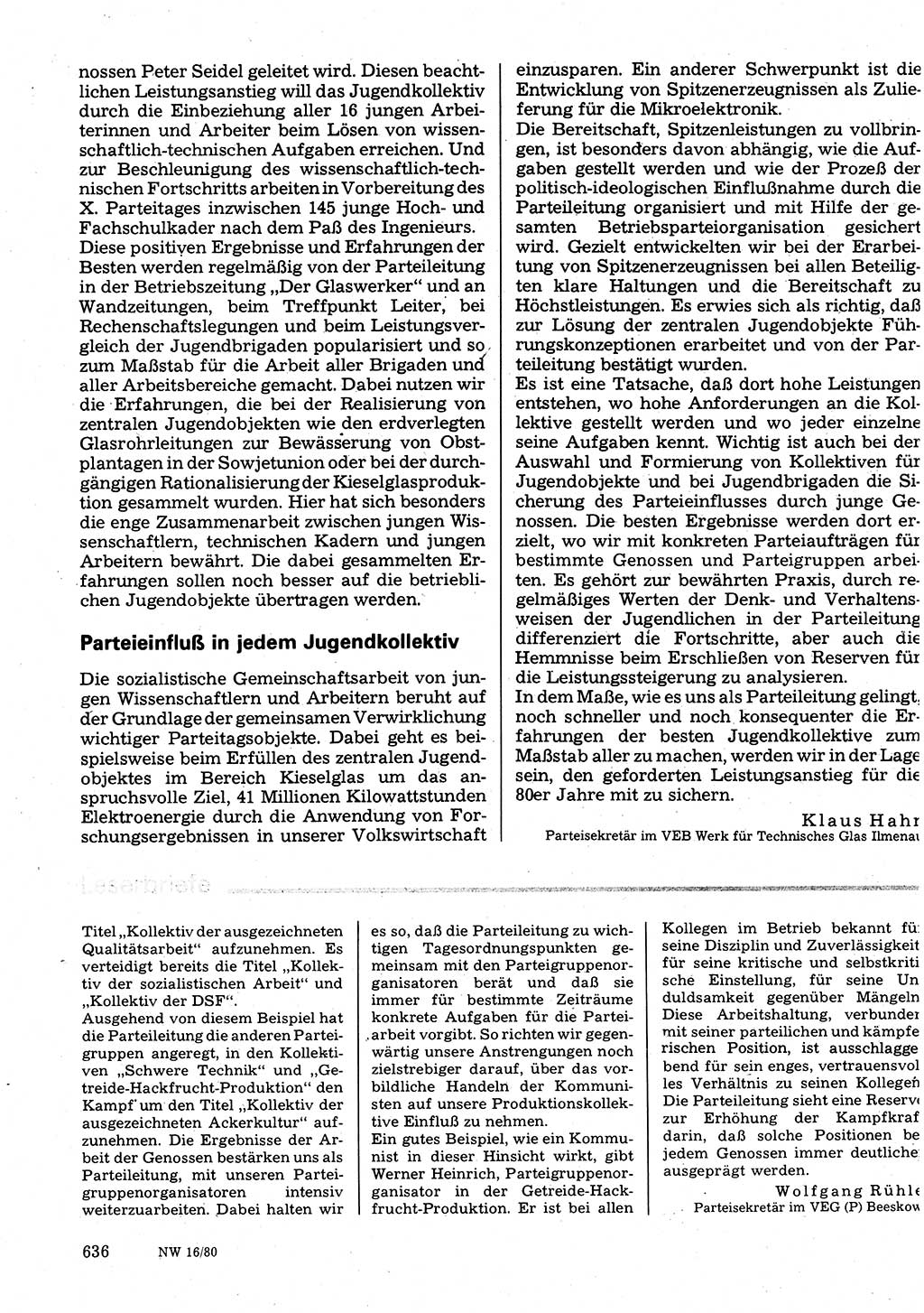 Neuer Weg (NW), Organ des Zentralkomitees (ZK) der SED (Sozialistische Einheitspartei Deutschlands) für Fragen des Parteilebens, 35. Jahrgang [Deutsche Demokratische Republik (DDR)] 1980, Seite 636 (NW ZK SED DDR 1980, S. 636)