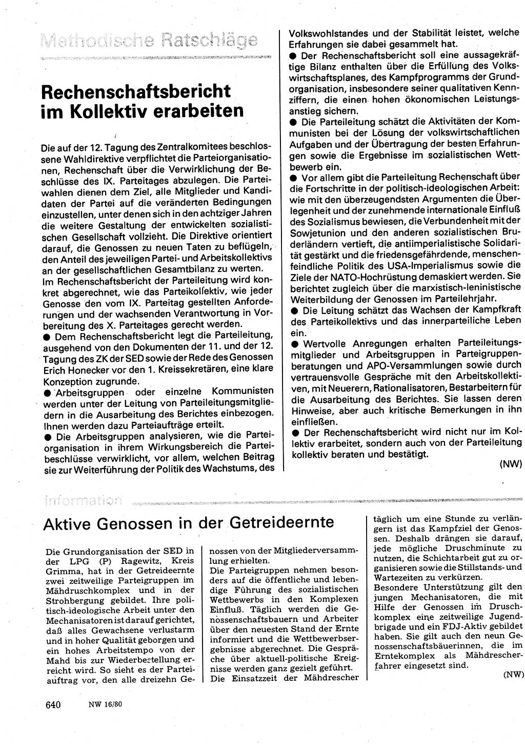 Neuer Weg (NW), Organ des Zentralkomitees (ZK) der SED (Sozialistische Einheitspartei Deutschlands) für Fragen des Parteilebens, 35. Jahrgang [Deutsche Demokratische Republik (DDR)] 1980, Seite 640 (NW ZK SED DDR 1980, S. 640)