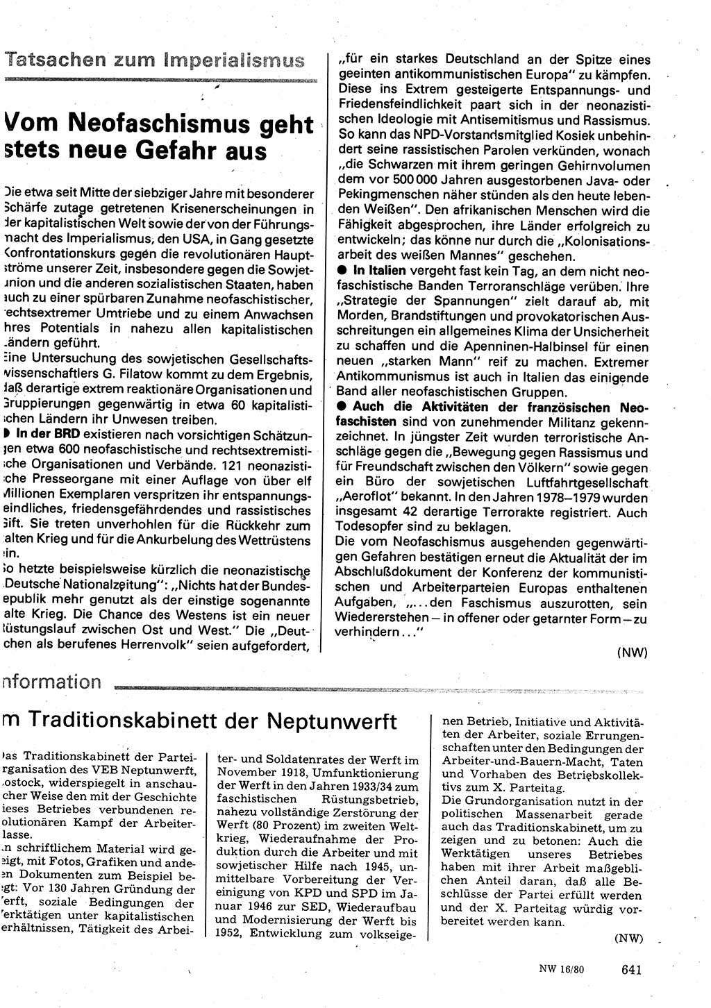 Neuer Weg (NW), Organ des Zentralkomitees (ZK) der SED (Sozialistische Einheitspartei Deutschlands) für Fragen des Parteilebens, 35. Jahrgang [Deutsche Demokratische Republik (DDR)] 1980, Seite 641 (NW ZK SED DDR 1980, S. 641)
