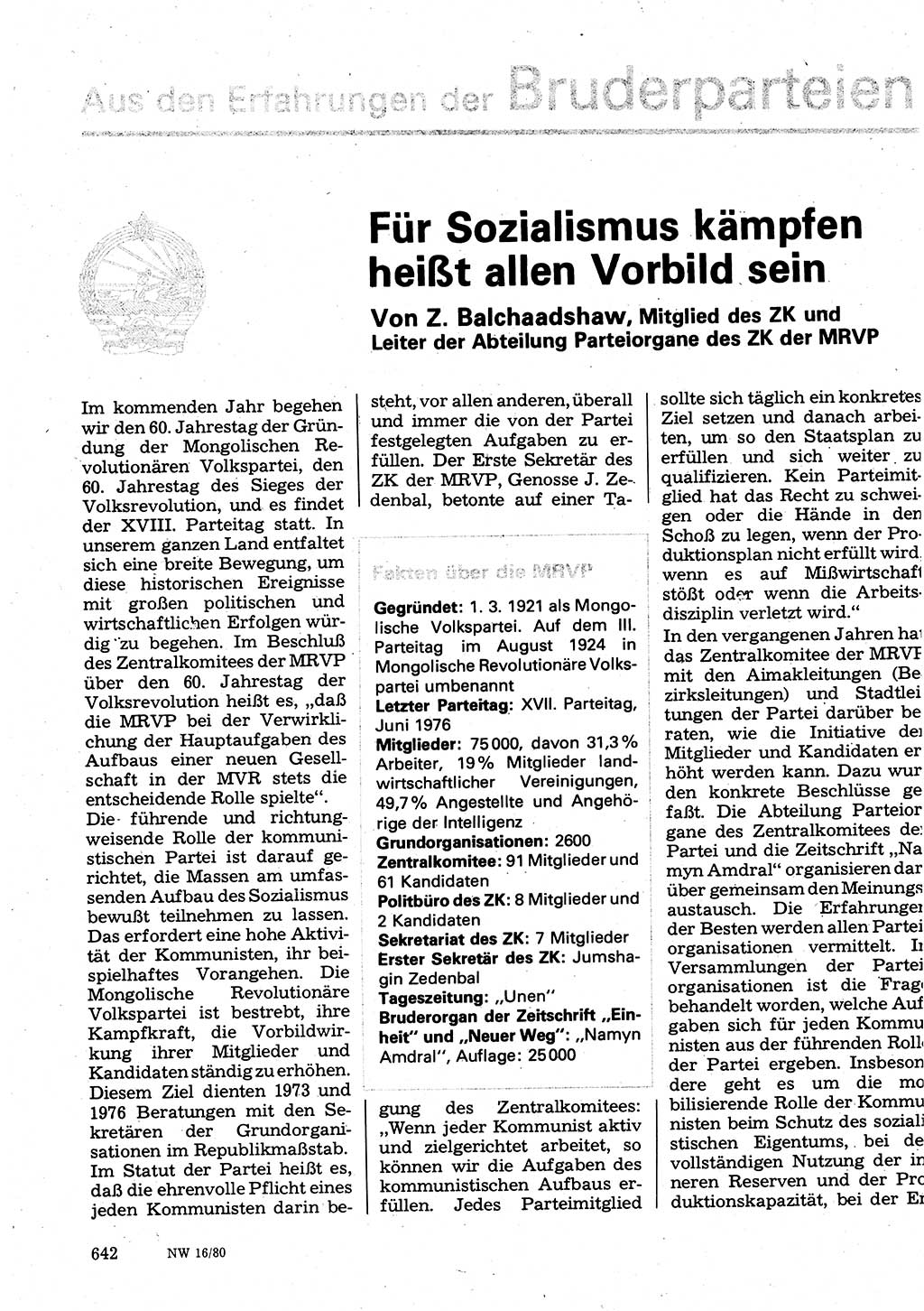Neuer Weg (NW), Organ des Zentralkomitees (ZK) der SED (Sozialistische Einheitspartei Deutschlands) für Fragen des Parteilebens, 35. Jahrgang [Deutsche Demokratische Republik (DDR)] 1980, Seite 642 (NW ZK SED DDR 1980, S. 642)