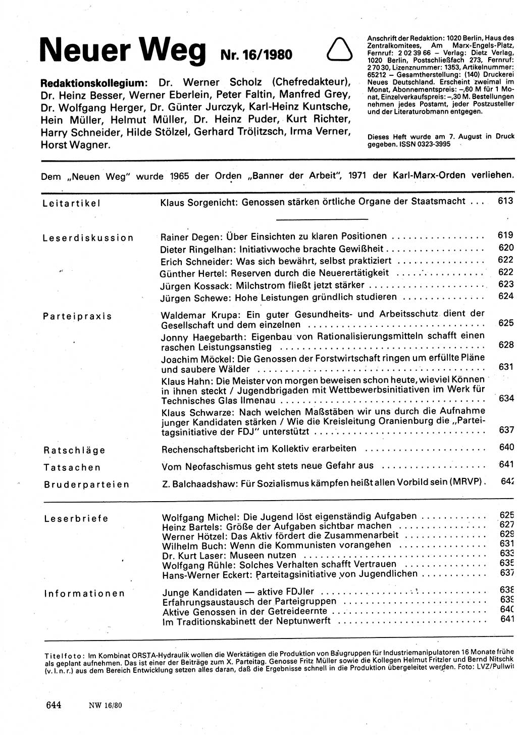 Neuer Weg (NW), Organ des Zentralkomitees (ZK) der SED (Sozialistische Einheitspartei Deutschlands) für Fragen des Parteilebens, 35. Jahrgang [Deutsche Demokratische Republik (DDR)] 1980, Seite 644 (NW ZK SED DDR 1980, S. 644)