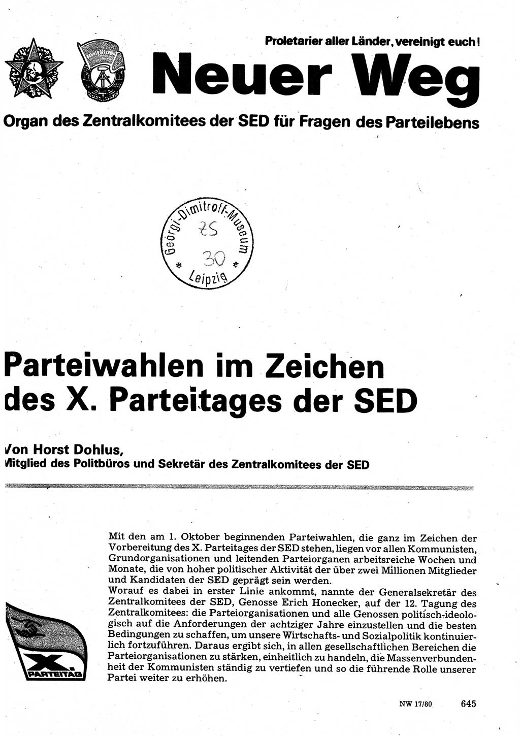 Neuer Weg (NW), Organ des Zentralkomitees (ZK) der SED (Sozialistische Einheitspartei Deutschlands) für Fragen des Parteilebens, 35. Jahrgang [Deutsche Demokratische Republik (DDR)] 1980, Seite 645 (NW ZK SED DDR 1980, S. 645)