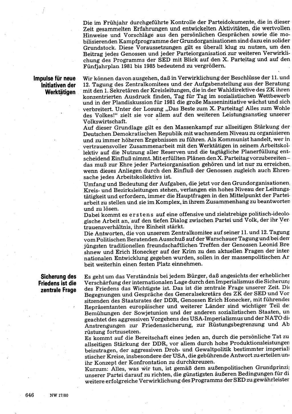 Neuer Weg (NW), Organ des Zentralkomitees (ZK) der SED (Sozialistische Einheitspartei Deutschlands) für Fragen des Parteilebens, 35. Jahrgang [Deutsche Demokratische Republik (DDR)] 1980, Seite 646 (NW ZK SED DDR 1980, S. 646)