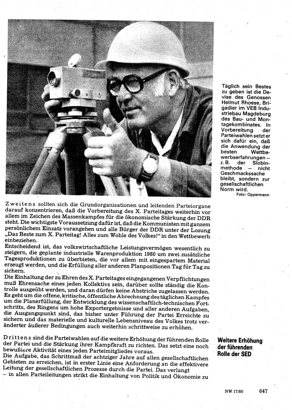Neuer Weg (NW), Organ des Zentralkomitees (ZK) der SED (Sozialistische Einheitspartei Deutschlands) für Fragen des Parteilebens, 35. Jahrgang [Deutsche Demokratische Republik (DDR)] 1980, Seite 647 (NW ZK SED DDR 1980, S. 647)