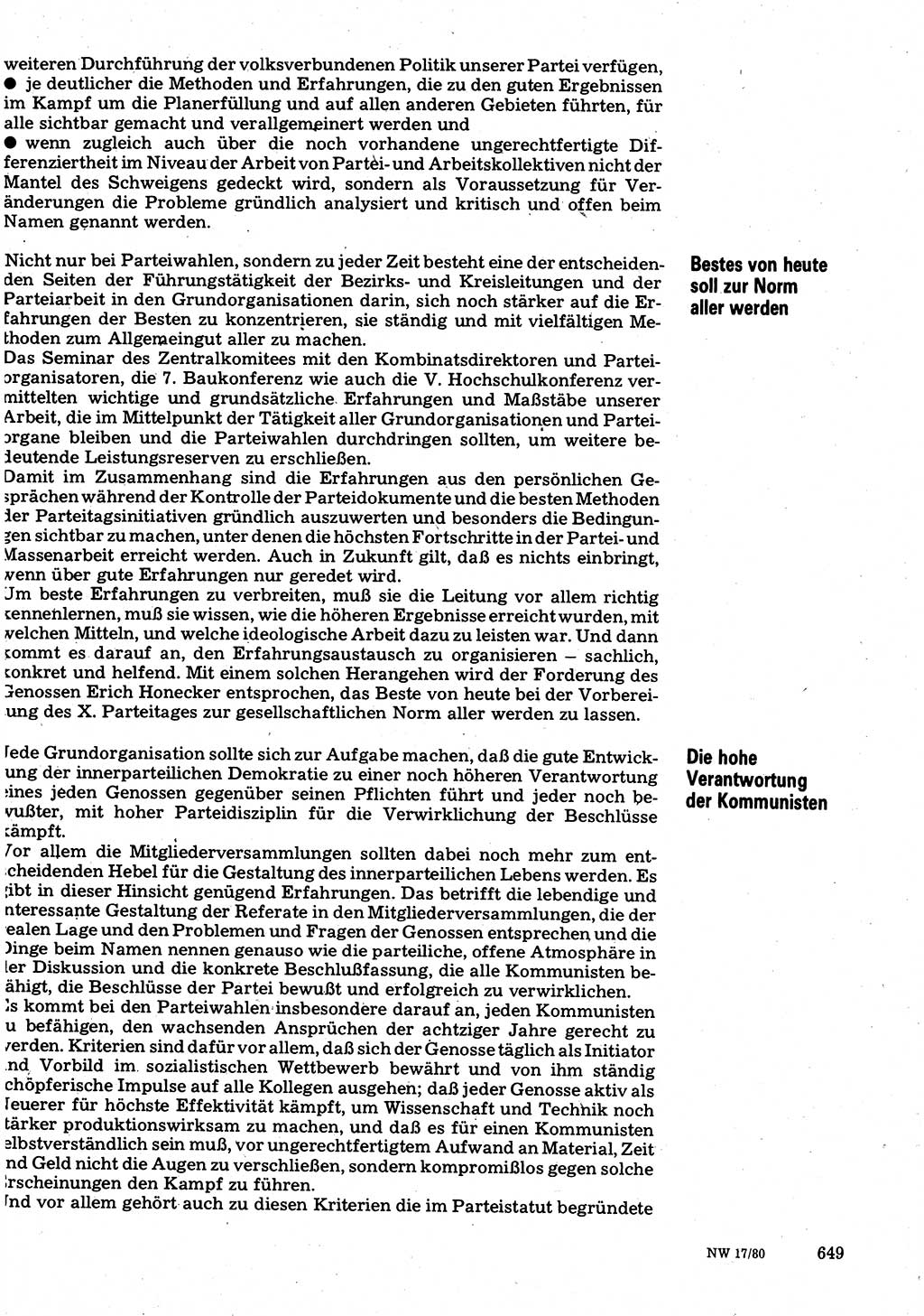 Neuer Weg (NW), Organ des Zentralkomitees (ZK) der SED (Sozialistische Einheitspartei Deutschlands) für Fragen des Parteilebens, 35. Jahrgang [Deutsche Demokratische Republik (DDR)] 1980, Seite 649 (NW ZK SED DDR 1980, S. 649)