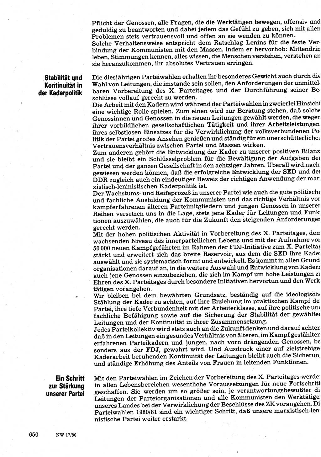 Neuer Weg (NW), Organ des Zentralkomitees (ZK) der SED (Sozialistische Einheitspartei Deutschlands) für Fragen des Parteilebens, 35. Jahrgang [Deutsche Demokratische Republik (DDR)] 1980, Seite 650 (NW ZK SED DDR 1980, S. 650)