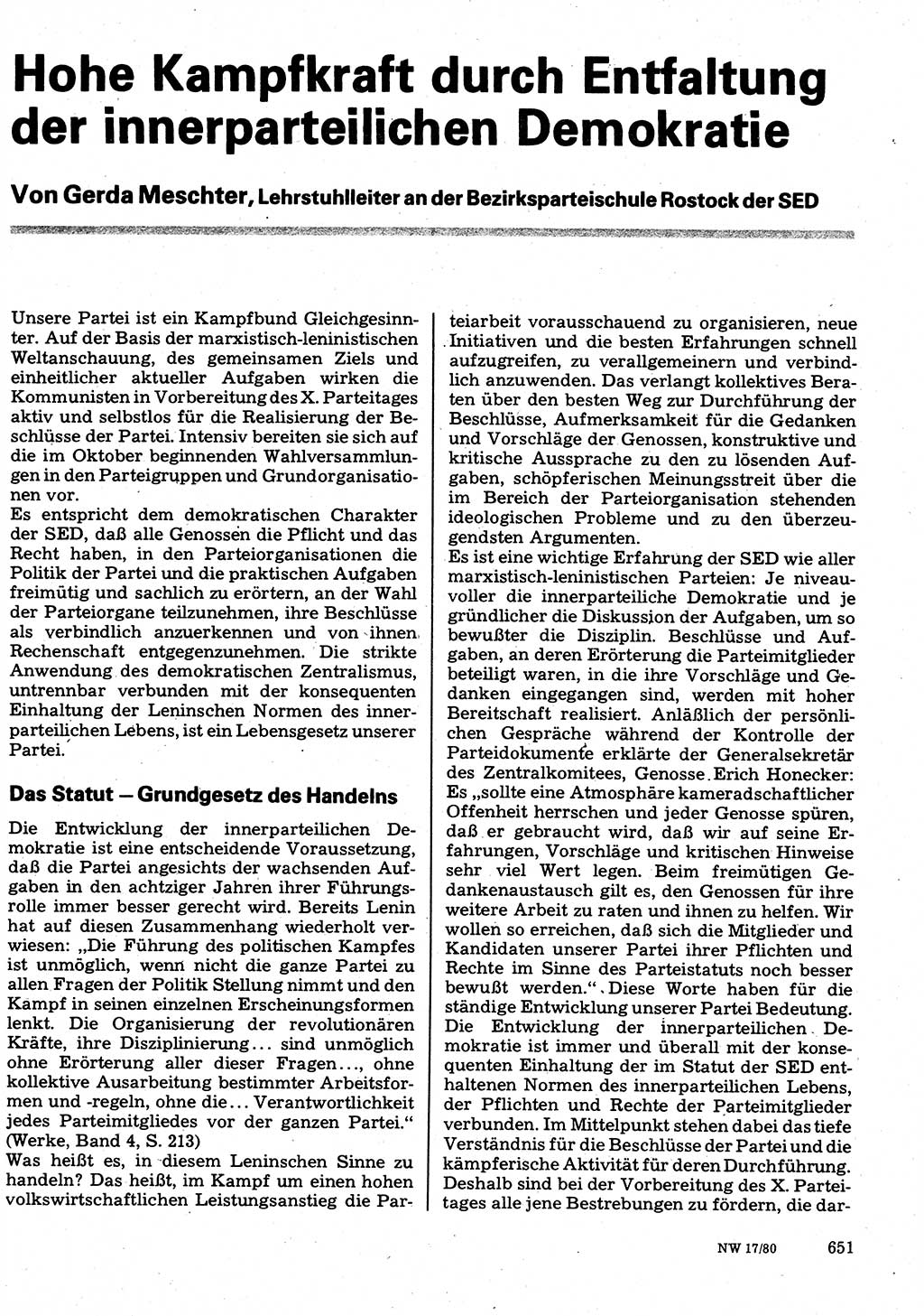 Neuer Weg (NW), Organ des Zentralkomitees (ZK) der SED (Sozialistische Einheitspartei Deutschlands) für Fragen des Parteilebens, 35. Jahrgang [Deutsche Demokratische Republik (DDR)] 1980, Seite 651 (NW ZK SED DDR 1980, S. 651)