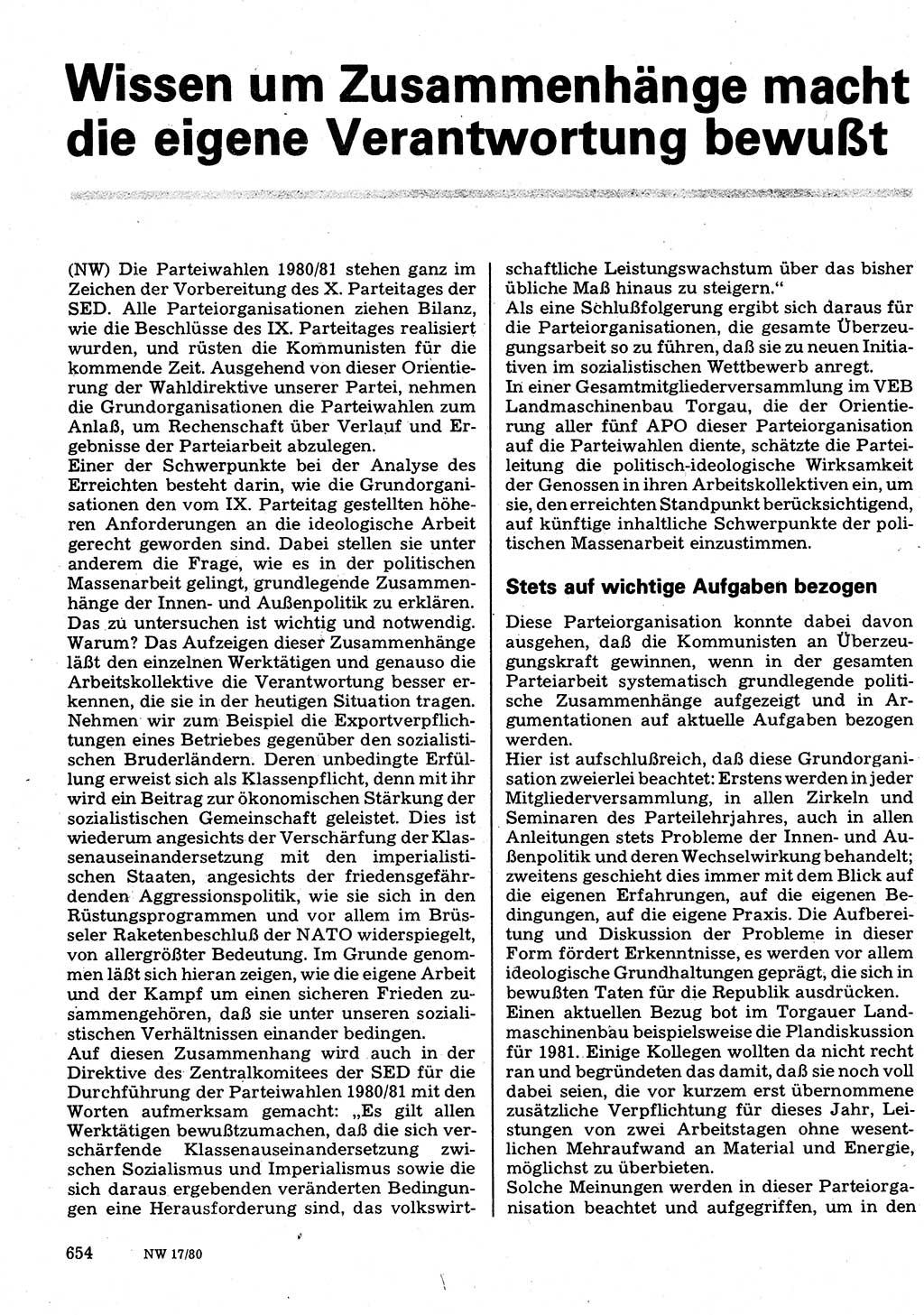 Neuer Weg (NW), Organ des Zentralkomitees (ZK) der SED (Sozialistische Einheitspartei Deutschlands) für Fragen des Parteilebens, 35. Jahrgang [Deutsche Demokratische Republik (DDR)] 1980, Seite 654 (NW ZK SED DDR 1980, S. 654)