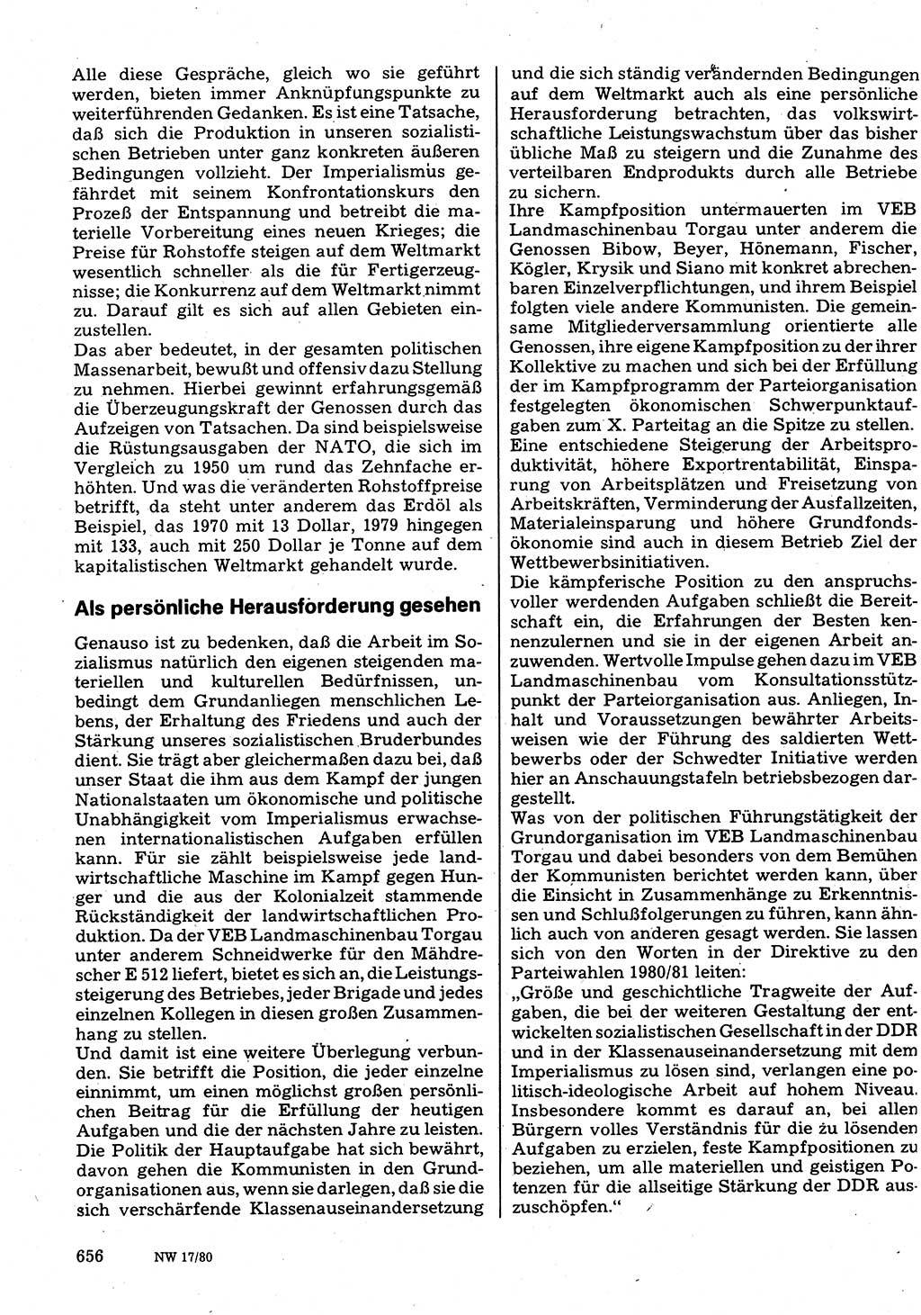 Neuer Weg (NW), Organ des Zentralkomitees (ZK) der SED (Sozialistische Einheitspartei Deutschlands) für Fragen des Parteilebens, 35. Jahrgang [Deutsche Demokratische Republik (DDR)] 1980, Seite 656 (NW ZK SED DDR 1980, S. 656)