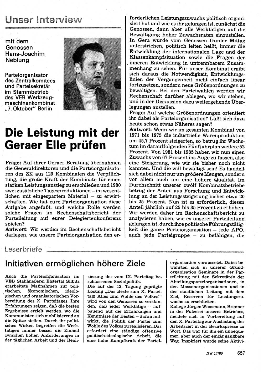 Neuer Weg (NW), Organ des Zentralkomitees (ZK) der SED (Sozialistische Einheitspartei Deutschlands) für Fragen des Parteilebens, 35. Jahrgang [Deutsche Demokratische Republik (DDR)] 1980, Seite 657 (NW ZK SED DDR 1980, S. 657)