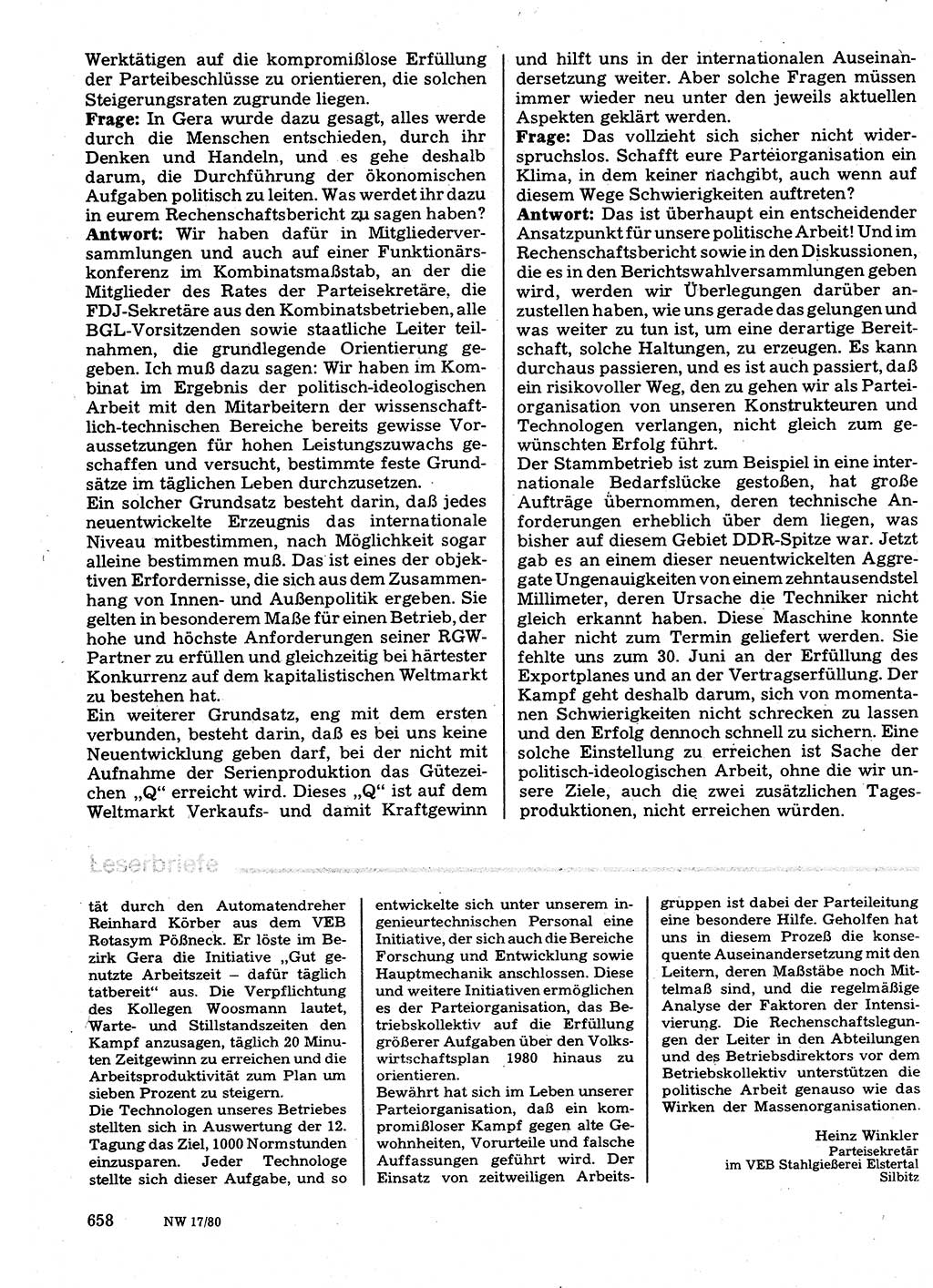 Neuer Weg (NW), Organ des Zentralkomitees (ZK) der SED (Sozialistische Einheitspartei Deutschlands) für Fragen des Parteilebens, 35. Jahrgang [Deutsche Demokratische Republik (DDR)] 1980, Seite 658 (NW ZK SED DDR 1980, S. 658)