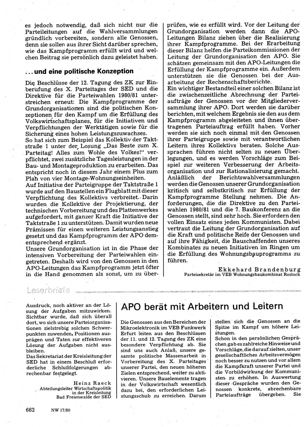 Neuer Weg (NW), Organ des Zentralkomitees (ZK) der SED (Sozialistische Einheitspartei Deutschlands) für Fragen des Parteilebens, 35. Jahrgang [Deutsche Demokratische Republik (DDR)] 1980, Seite 662 (NW ZK SED DDR 1980, S. 662)