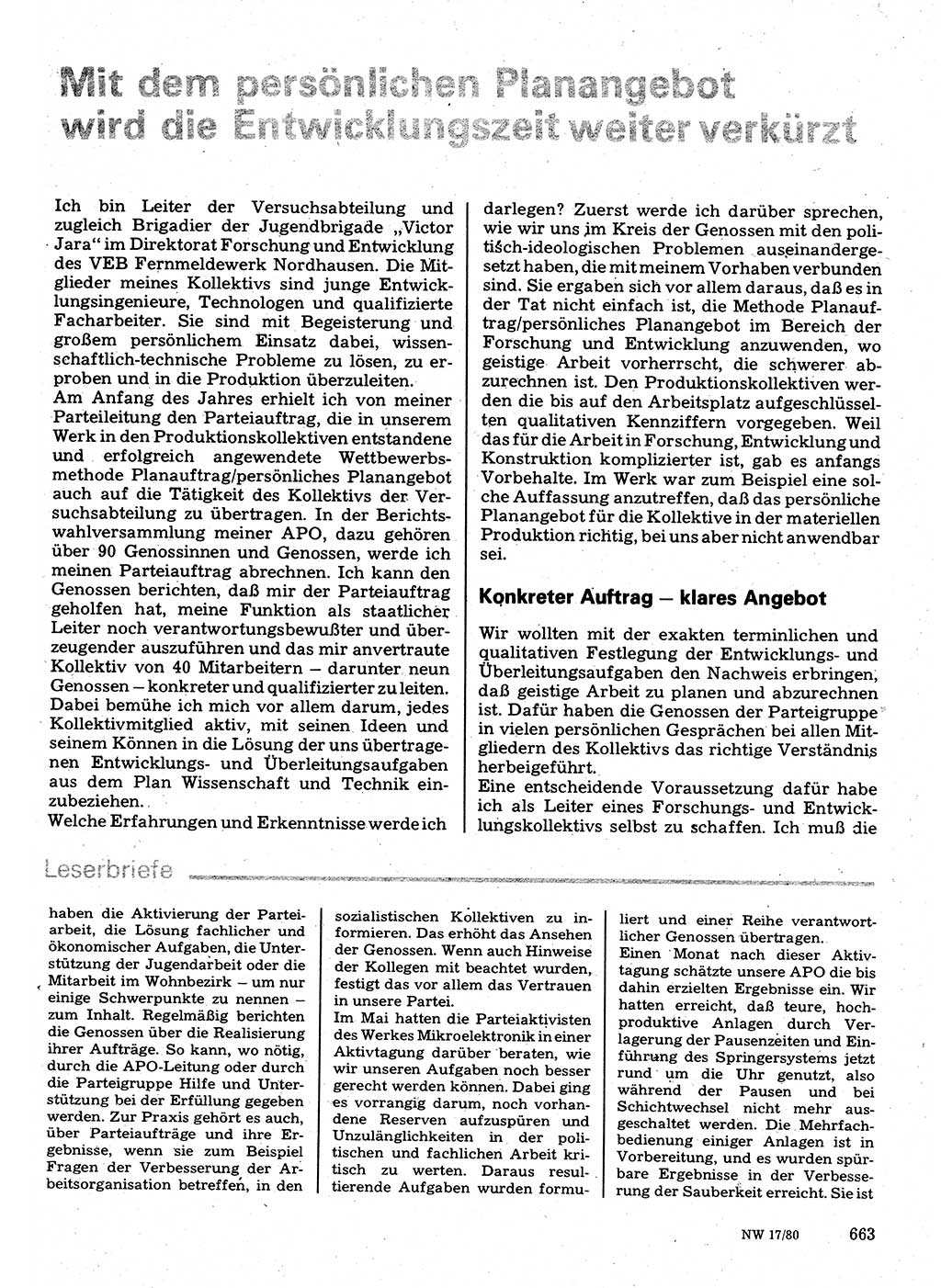 Neuer Weg (NW), Organ des Zentralkomitees (ZK) der SED (Sozialistische Einheitspartei Deutschlands) für Fragen des Parteilebens, 35. Jahrgang [Deutsche Demokratische Republik (DDR)] 1980, Seite 663 (NW ZK SED DDR 1980, S. 663)