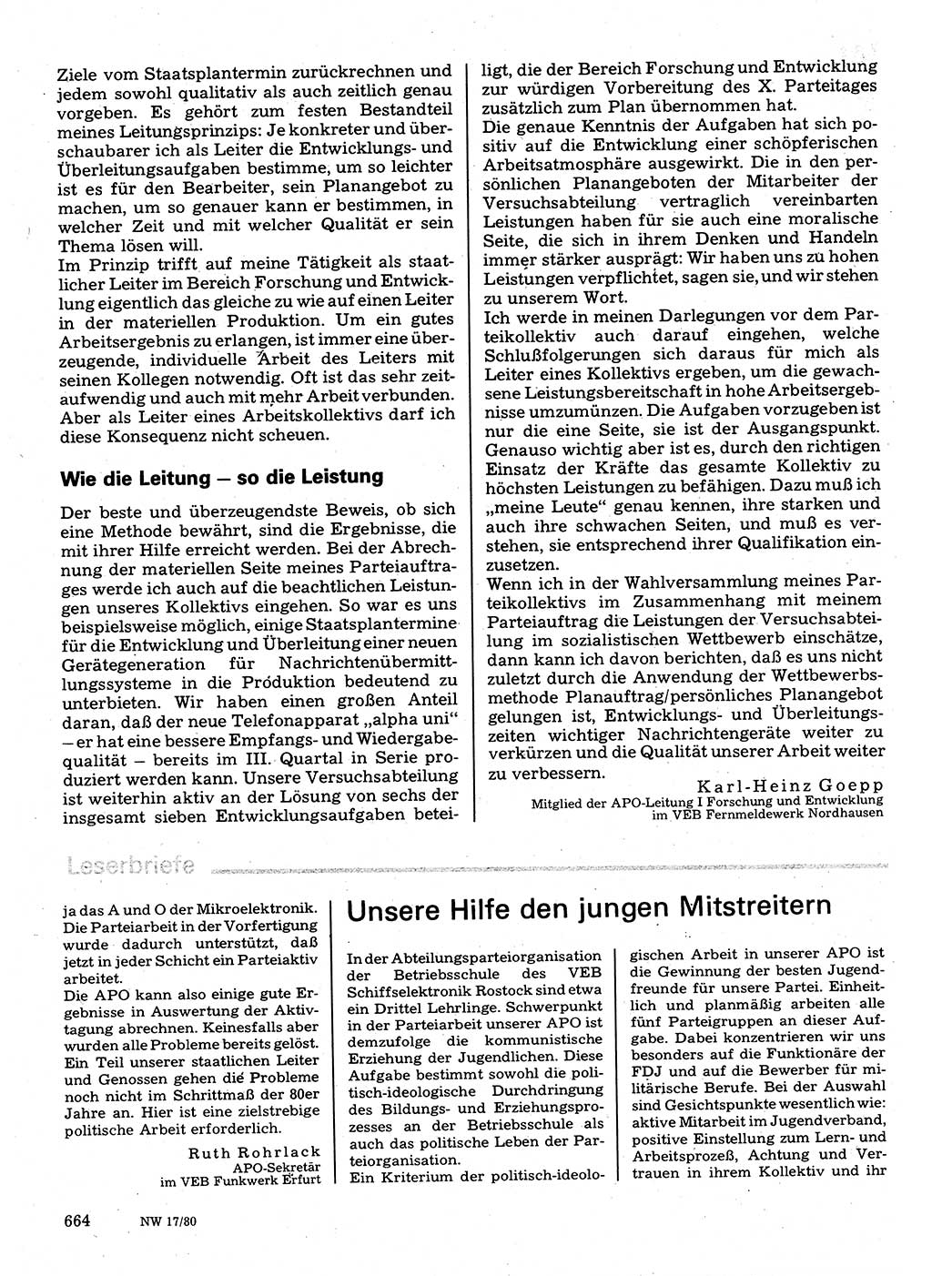 Neuer Weg (NW), Organ des Zentralkomitees (ZK) der SED (Sozialistische Einheitspartei Deutschlands) für Fragen des Parteilebens, 35. Jahrgang [Deutsche Demokratische Republik (DDR)] 1980, Seite 664 (NW ZK SED DDR 1980, S. 664)