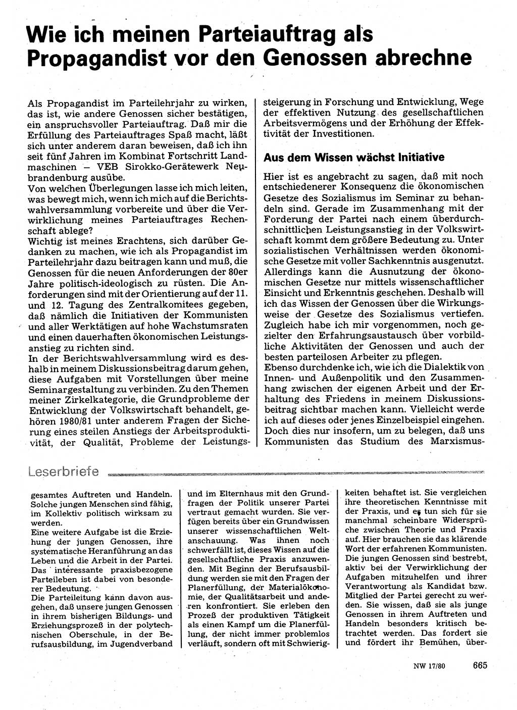 Neuer Weg (NW), Organ des Zentralkomitees (ZK) der SED (Sozialistische Einheitspartei Deutschlands) für Fragen des Parteilebens, 35. Jahrgang [Deutsche Demokratische Republik (DDR)] 1980, Seite 665 (NW ZK SED DDR 1980, S. 665)
