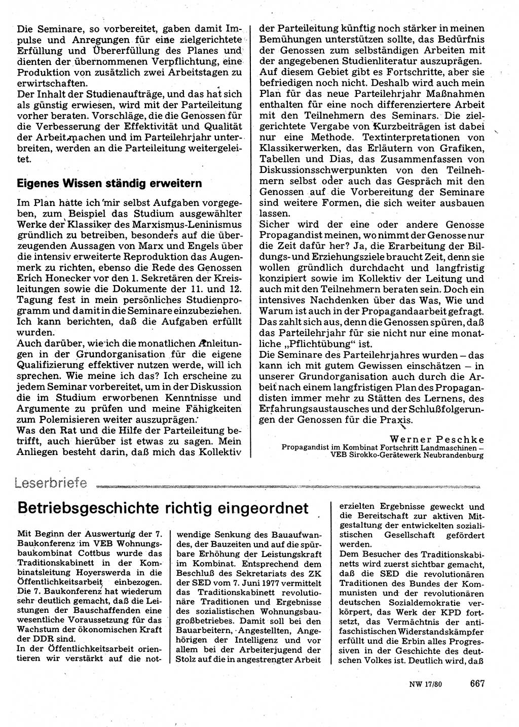 Neuer Weg (NW), Organ des Zentralkomitees (ZK) der SED (Sozialistische Einheitspartei Deutschlands) für Fragen des Parteilebens, 35. Jahrgang [Deutsche Demokratische Republik (DDR)] 1980, Seite 667 (NW ZK SED DDR 1980, S. 667)