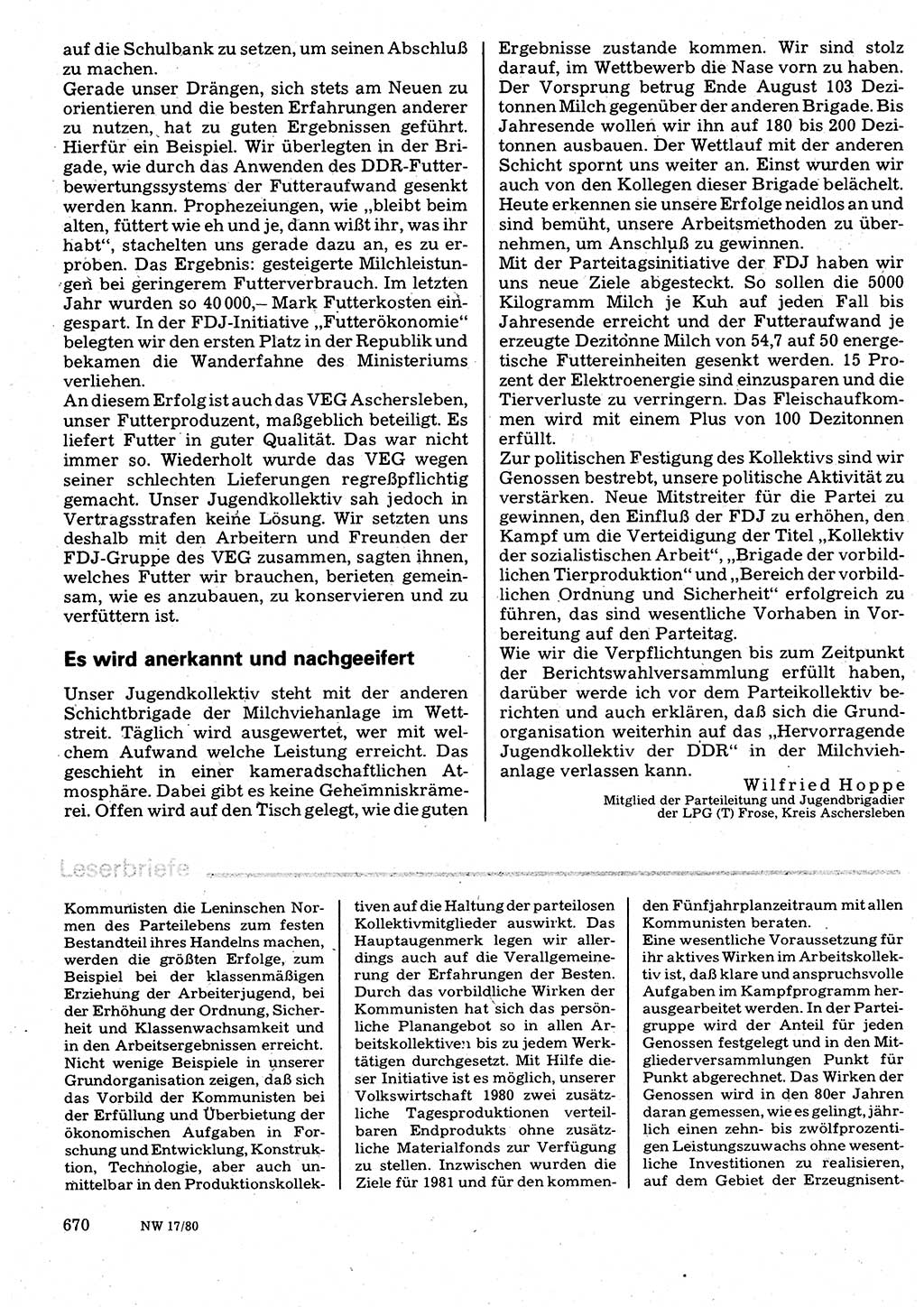 Neuer Weg (NW), Organ des Zentralkomitees (ZK) der SED (Sozialistische Einheitspartei Deutschlands) fÃ¼r Fragen des Parteilebens, 35. Jahrgang [Deutsche Demokratische Republik (DDR)] 1980, Seite 670 (NW ZK SED DDR 1980, S. 670)