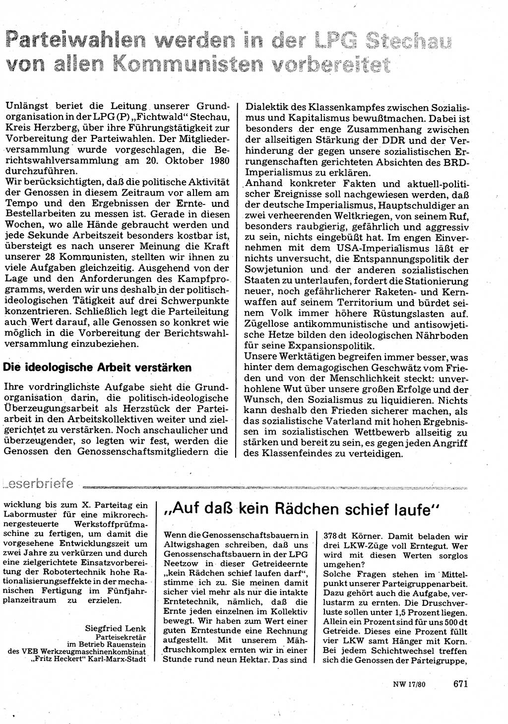 Neuer Weg (NW), Organ des Zentralkomitees (ZK) der SED (Sozialistische Einheitspartei Deutschlands) fÃ¼r Fragen des Parteilebens, 35. Jahrgang [Deutsche Demokratische Republik (DDR)] 1980, Seite 671 (NW ZK SED DDR 1980, S. 671)