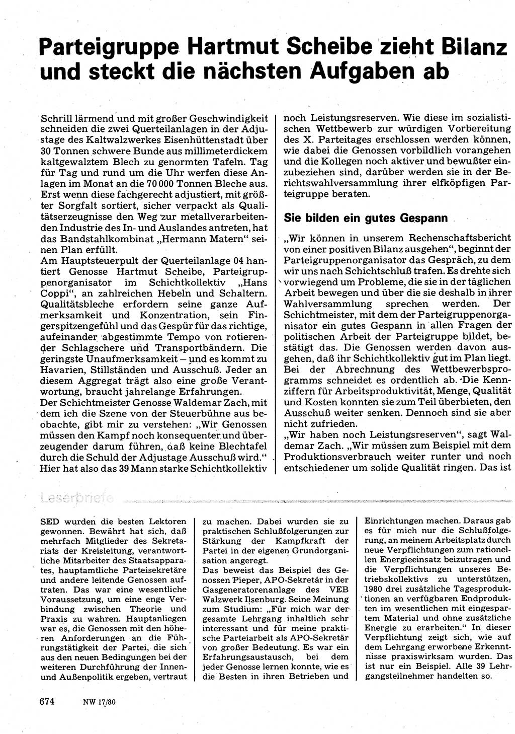 Neuer Weg (NW), Organ des Zentralkomitees (ZK) der SED (Sozialistische Einheitspartei Deutschlands) für Fragen des Parteilebens, 35. Jahrgang [Deutsche Demokratische Republik (DDR)] 1980, Seite 674 (NW ZK SED DDR 1980, S. 674)