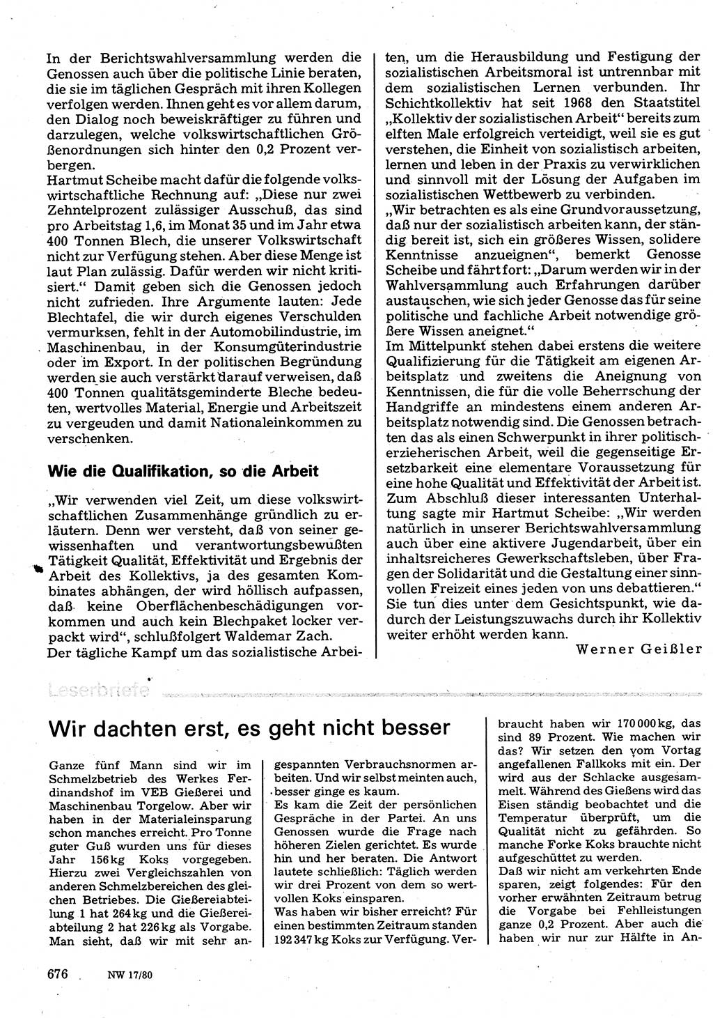 Neuer Weg (NW), Organ des Zentralkomitees (ZK) der SED (Sozialistische Einheitspartei Deutschlands) für Fragen des Parteilebens, 35. Jahrgang [Deutsche Demokratische Republik (DDR)] 1980, Seite 676 (NW ZK SED DDR 1980, S. 676)