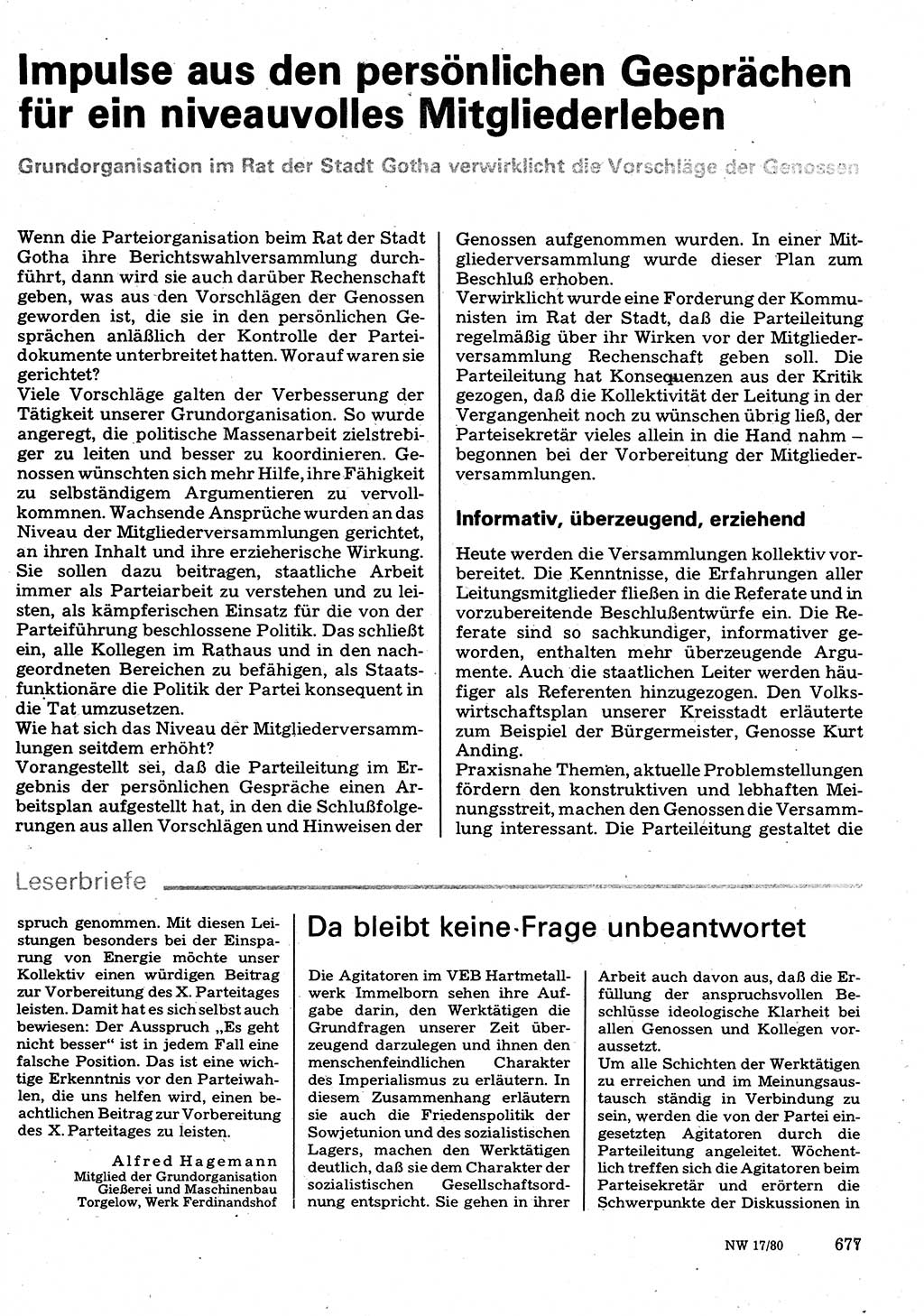 Neuer Weg (NW), Organ des Zentralkomitees (ZK) der SED (Sozialistische Einheitspartei Deutschlands) für Fragen des Parteilebens, 35. Jahrgang [Deutsche Demokratische Republik (DDR)] 1980, Seite 677 (NW ZK SED DDR 1980, S. 677)