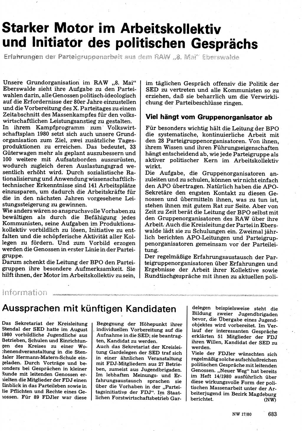 Neuer Weg (NW), Organ des Zentralkomitees (ZK) der SED (Sozialistische Einheitspartei Deutschlands) für Fragen des Parteilebens, 35. Jahrgang [Deutsche Demokratische Republik (DDR)] 1980, Seite 683 (NW ZK SED DDR 1980, S. 683)