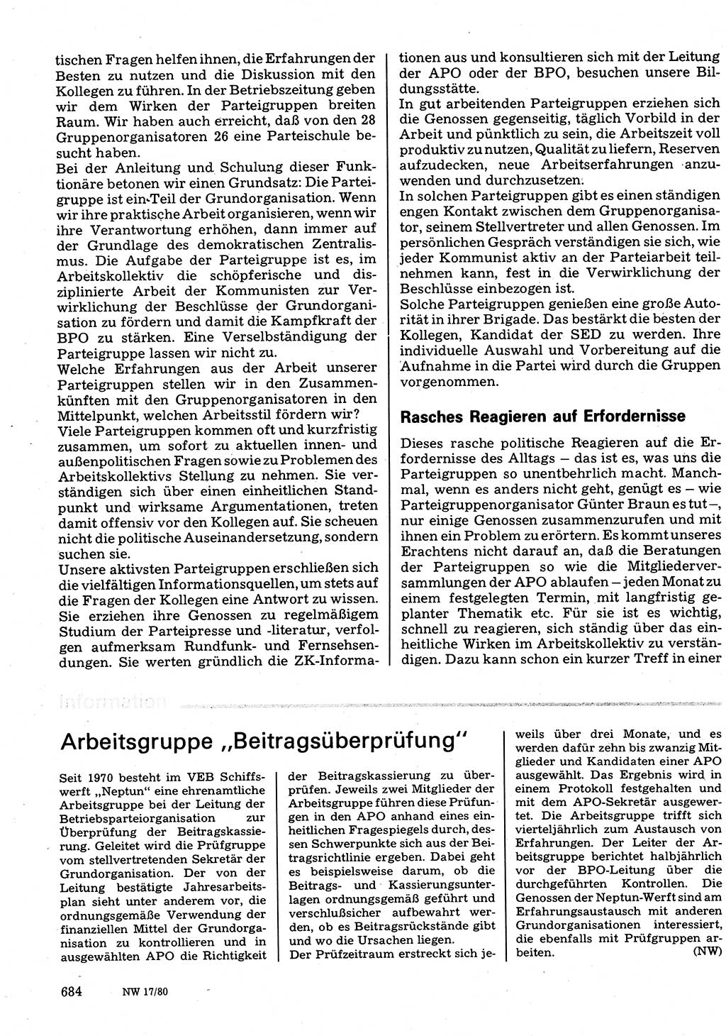 Neuer Weg (NW), Organ des Zentralkomitees (ZK) der SED (Sozialistische Einheitspartei Deutschlands) für Fragen des Parteilebens, 35. Jahrgang [Deutsche Demokratische Republik (DDR)] 1980, Seite 684 (NW ZK SED DDR 1980, S. 684)