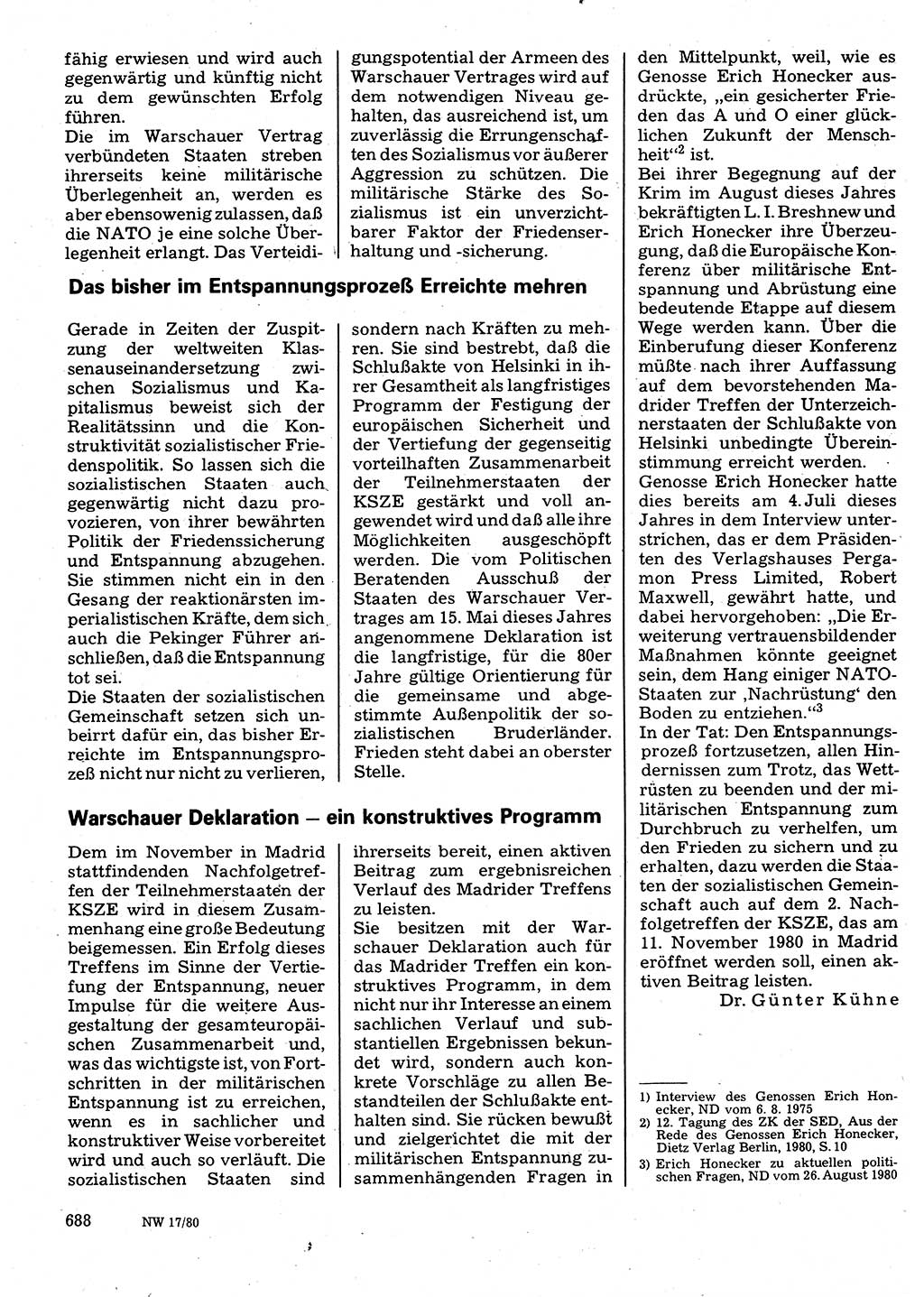 Neuer Weg (NW), Organ des Zentralkomitees (ZK) der SED (Sozialistische Einheitspartei Deutschlands) für Fragen des Parteilebens, 35. Jahrgang [Deutsche Demokratische Republik (DDR)] 1980, Seite 688 (NW ZK SED DDR 1980, S. 688)
