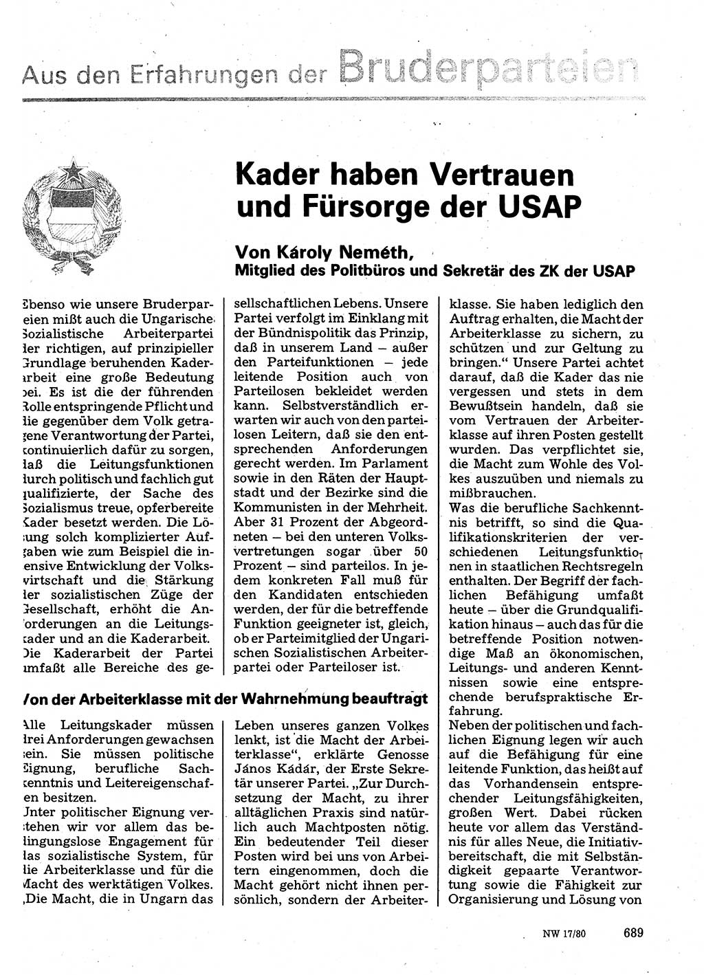 Neuer Weg (NW), Organ des Zentralkomitees (ZK) der SED (Sozialistische Einheitspartei Deutschlands) für Fragen des Parteilebens, 35. Jahrgang [Deutsche Demokratische Republik (DDR)] 1980, Seite 689 (NW ZK SED DDR 1980, S. 689)