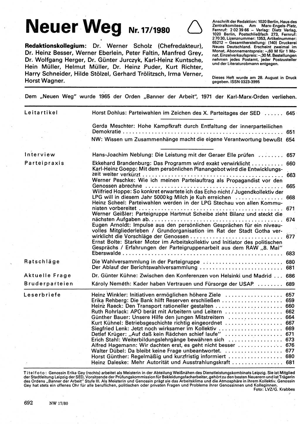 Neuer Weg (NW), Organ des Zentralkomitees (ZK) der SED (Sozialistische Einheitspartei Deutschlands) für Fragen des Parteilebens, 35. Jahrgang [Deutsche Demokratische Republik (DDR)] 1980, Seite 692 (NW ZK SED DDR 1980, S. 692)