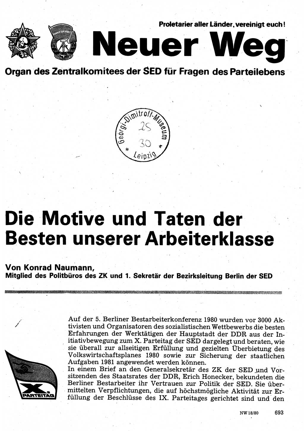 Neuer Weg (NW), Organ des Zentralkomitees (ZK) der SED (Sozialistische Einheitspartei Deutschlands) für Fragen des Parteilebens, 35. Jahrgang [Deutsche Demokratische Republik (DDR)] 1980, Seite 693 (NW ZK SED DDR 1980, S. 693)