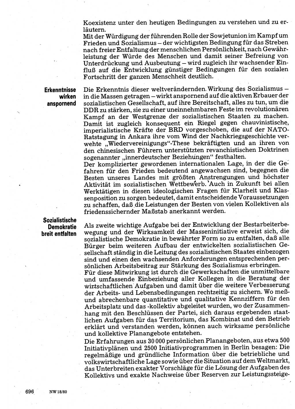 Neuer Weg (NW), Organ des Zentralkomitees (ZK) der SED (Sozialistische Einheitspartei Deutschlands) für Fragen des Parteilebens, 35. Jahrgang [Deutsche Demokratische Republik (DDR)] 1980, Seite 696 (NW ZK SED DDR 1980, S. 696)