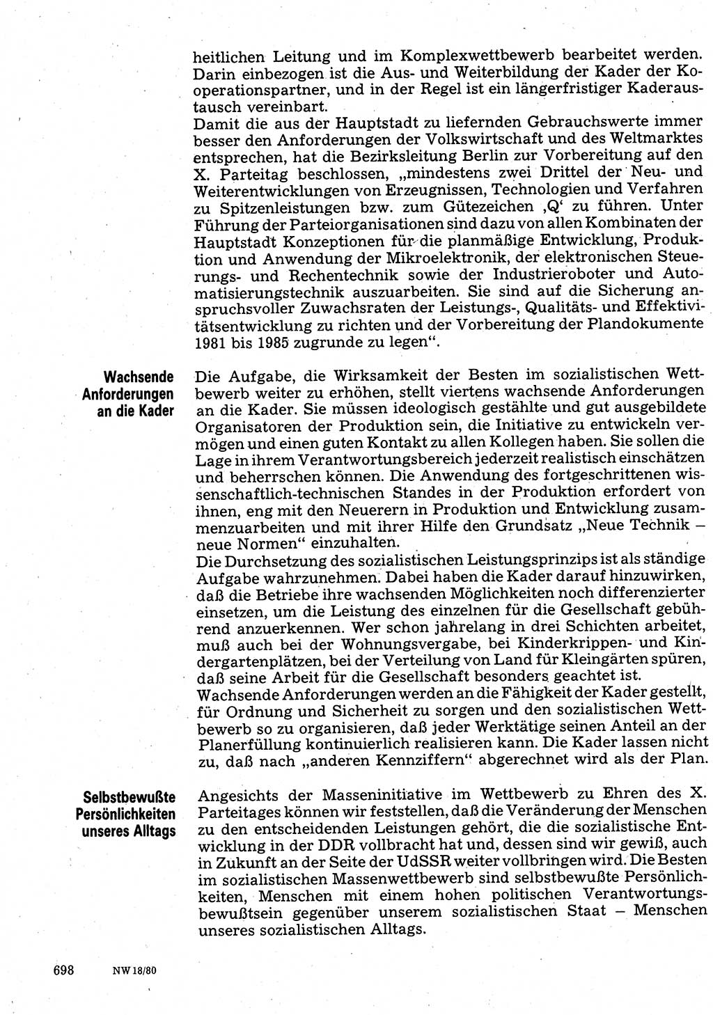 Neuer Weg (NW), Organ des Zentralkomitees (ZK) der SED (Sozialistische Einheitspartei Deutschlands) für Fragen des Parteilebens, 35. Jahrgang [Deutsche Demokratische Republik (DDR)] 1980, Seite 698 (NW ZK SED DDR 1980, S. 698)