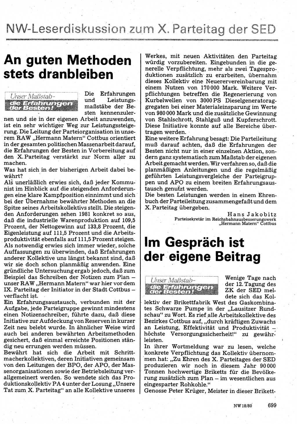 Neuer Weg (NW), Organ des Zentralkomitees (ZK) der SED (Sozialistische Einheitspartei Deutschlands) für Fragen des Parteilebens, 35. Jahrgang [Deutsche Demokratische Republik (DDR)] 1980, Seite 699 (NW ZK SED DDR 1980, S. 699)