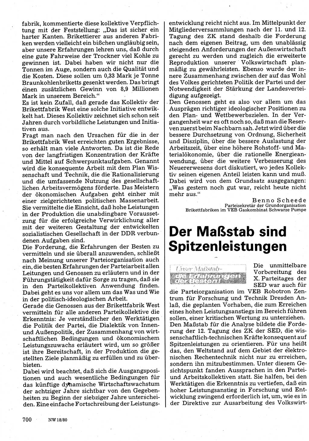 Neuer Weg (NW), Organ des Zentralkomitees (ZK) der SED (Sozialistische Einheitspartei Deutschlands) für Fragen des Parteilebens, 35. Jahrgang [Deutsche Demokratische Republik (DDR)] 1980, Seite 700 (NW ZK SED DDR 1980, S. 700)