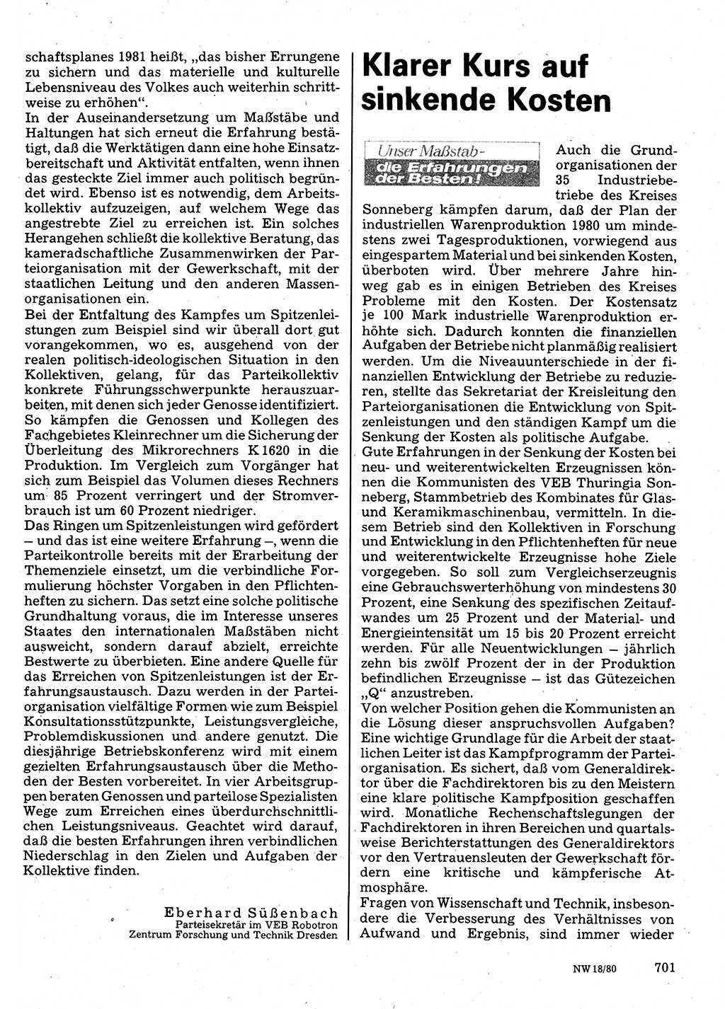 Neuer Weg (NW), Organ des Zentralkomitees (ZK) der SED (Sozialistische Einheitspartei Deutschlands) für Fragen des Parteilebens, 35. Jahrgang [Deutsche Demokratische Republik (DDR)] 1980, Seite 701 (NW ZK SED DDR 1980, S. 701)