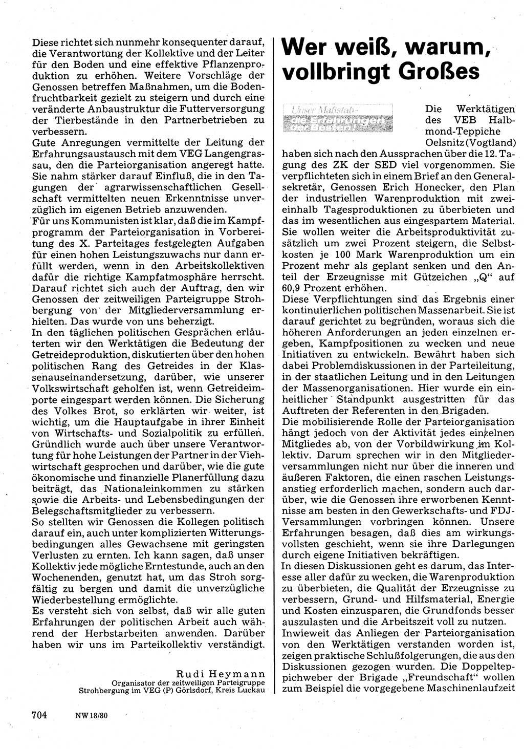 Neuer Weg (NW), Organ des Zentralkomitees (ZK) der SED (Sozialistische Einheitspartei Deutschlands) für Fragen des Parteilebens, 35. Jahrgang [Deutsche Demokratische Republik (DDR)] 1980, Seite 704 (NW ZK SED DDR 1980, S. 704)