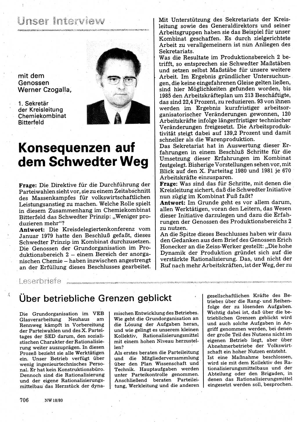 Neuer Weg (NW), Organ des Zentralkomitees (ZK) der SED (Sozialistische Einheitspartei Deutschlands) für Fragen des Parteilebens, 35. Jahrgang [Deutsche Demokratische Republik (DDR)] 1980, Seite 706 (NW ZK SED DDR 1980, S. 706)