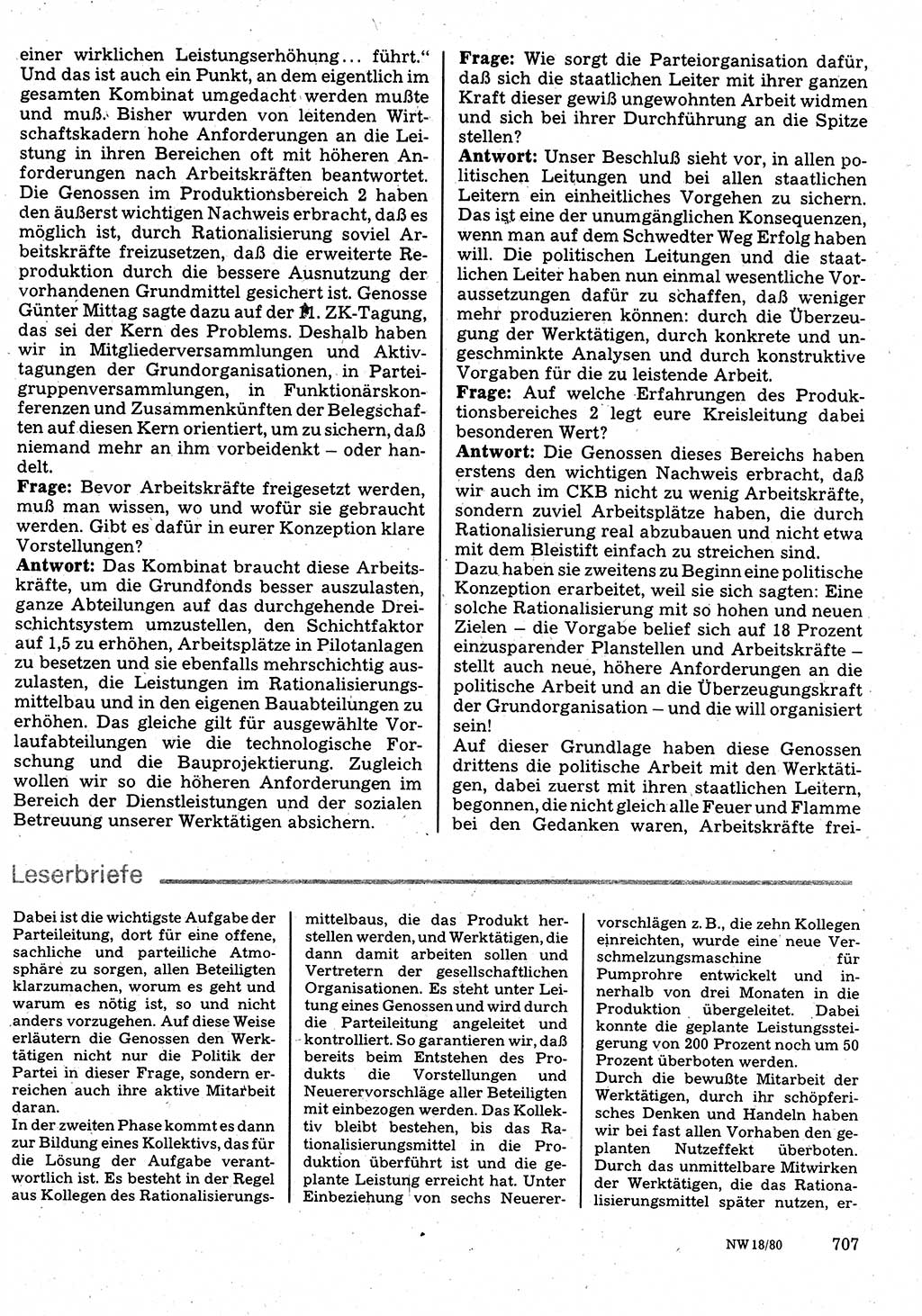 Neuer Weg (NW), Organ des Zentralkomitees (ZK) der SED (Sozialistische Einheitspartei Deutschlands) fÃ¼r Fragen des Parteilebens, 35. Jahrgang [Deutsche Demokratische Republik (DDR)] 1980, Seite 707 (NW ZK SED DDR 1980, S. 707)