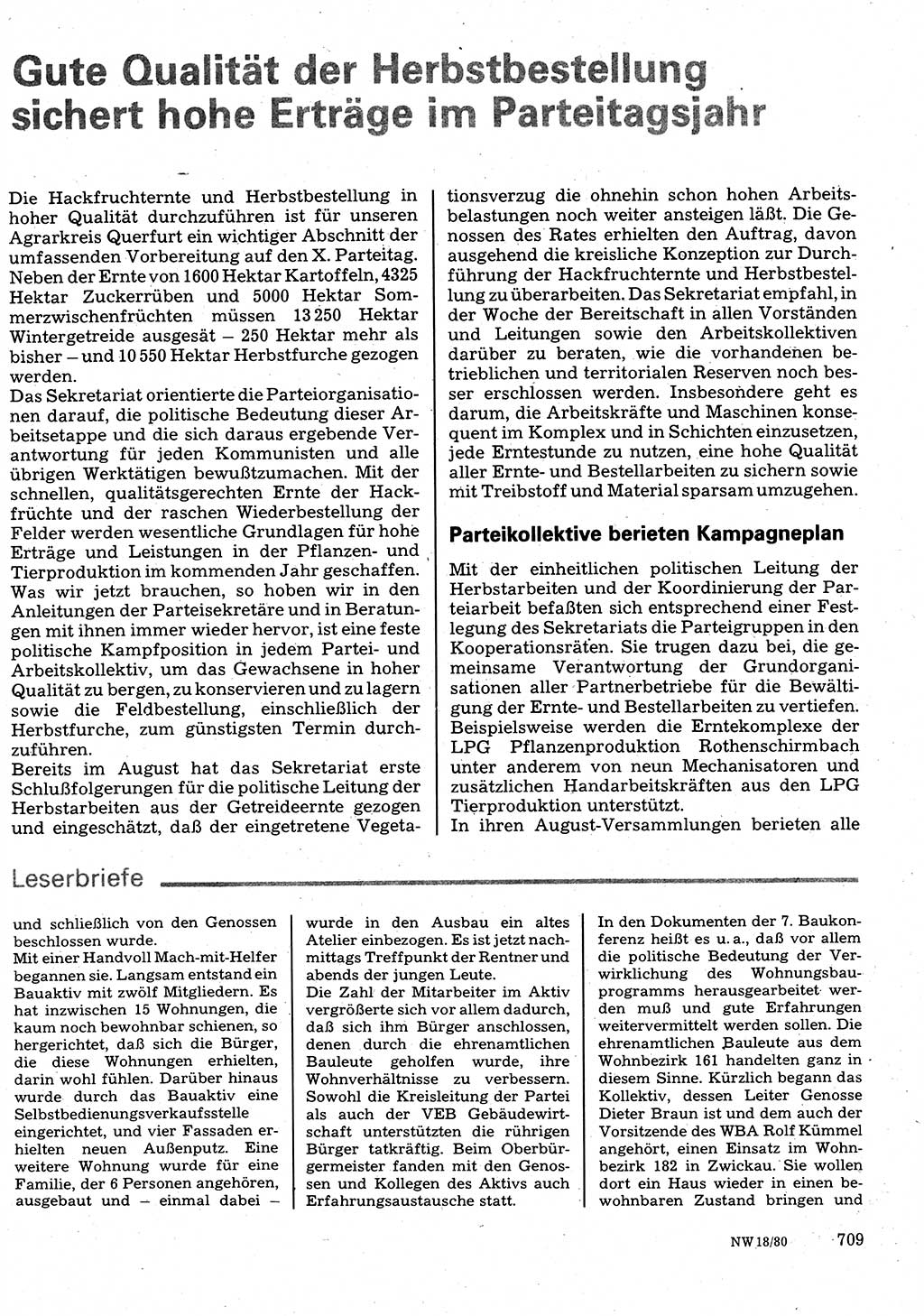 Neuer Weg (NW), Organ des Zentralkomitees (ZK) der SED (Sozialistische Einheitspartei Deutschlands) für Fragen des Parteilebens, 35. Jahrgang [Deutsche Demokratische Republik (DDR)] 1980, Seite 709 (NW ZK SED DDR 1980, S. 709)