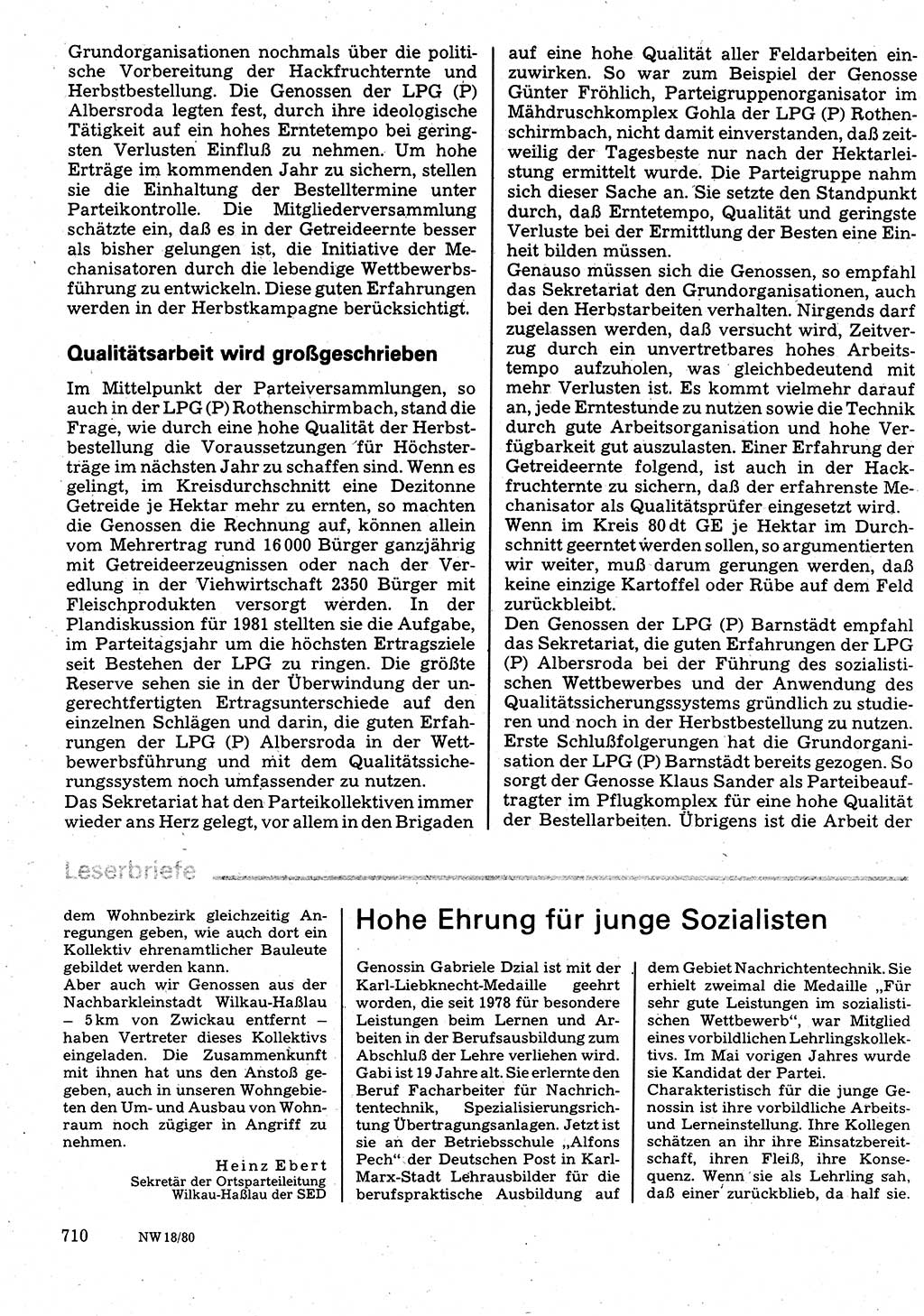 Neuer Weg (NW), Organ des Zentralkomitees (ZK) der SED (Sozialistische Einheitspartei Deutschlands) für Fragen des Parteilebens, 35. Jahrgang [Deutsche Demokratische Republik (DDR)] 1980, Seite 710 (NW ZK SED DDR 1980, S. 710)