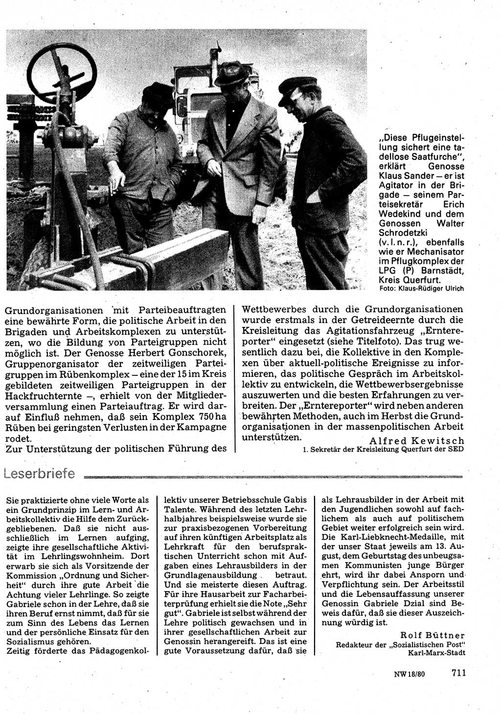 Neuer Weg (NW), Organ des Zentralkomitees (ZK) der SED (Sozialistische Einheitspartei Deutschlands) für Fragen des Parteilebens, 35. Jahrgang [Deutsche Demokratische Republik (DDR)] 1980, Seite 711 (NW ZK SED DDR 1980, S. 711)