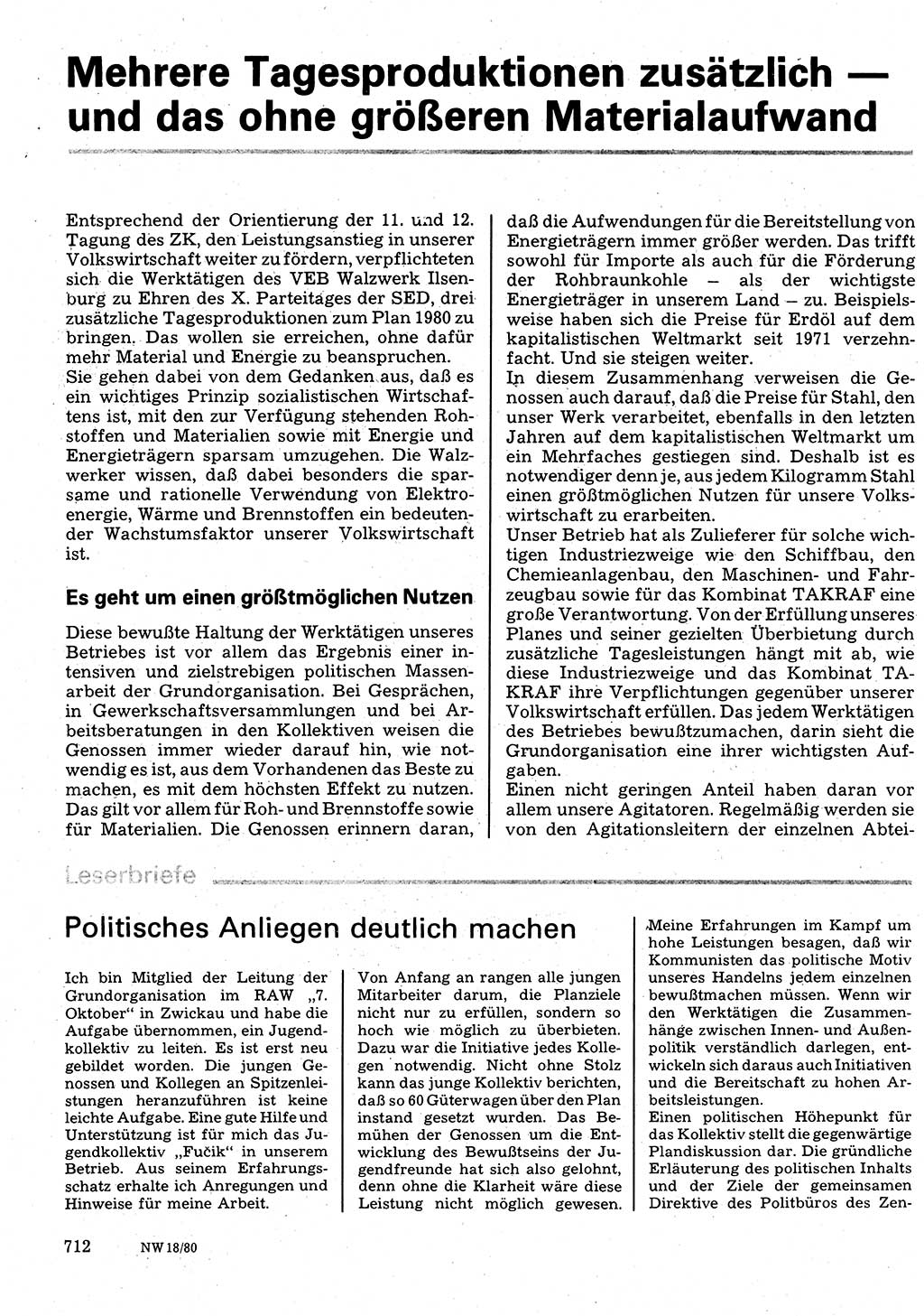 Neuer Weg (NW), Organ des Zentralkomitees (ZK) der SED (Sozialistische Einheitspartei Deutschlands) für Fragen des Parteilebens, 35. Jahrgang [Deutsche Demokratische Republik (DDR)] 1980, Seite 712 (NW ZK SED DDR 1980, S. 712)