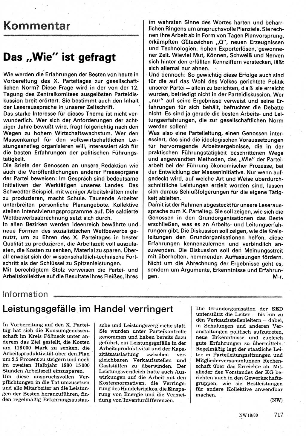 Neuer Weg (NW), Organ des Zentralkomitees (ZK) der SED (Sozialistische Einheitspartei Deutschlands) für Fragen des Parteilebens, 35. Jahrgang [Deutsche Demokratische Republik (DDR)] 1980, Seite 717 (NW ZK SED DDR 1980, S. 717)