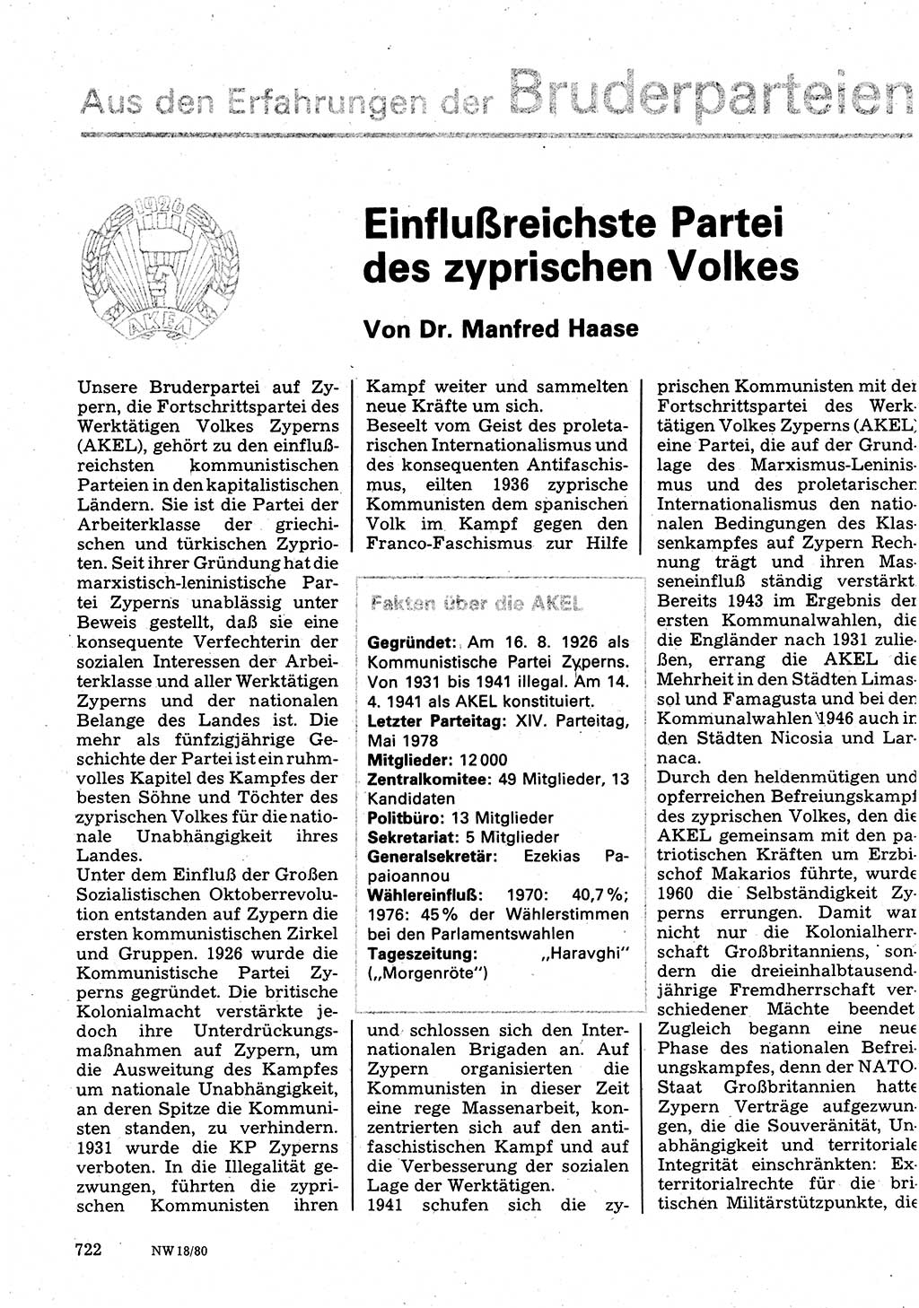 Neuer Weg (NW), Organ des Zentralkomitees (ZK) der SED (Sozialistische Einheitspartei Deutschlands) für Fragen des Parteilebens, 35. Jahrgang [Deutsche Demokratische Republik (DDR)] 1980, Seite 722 (NW ZK SED DDR 1980, S. 722)