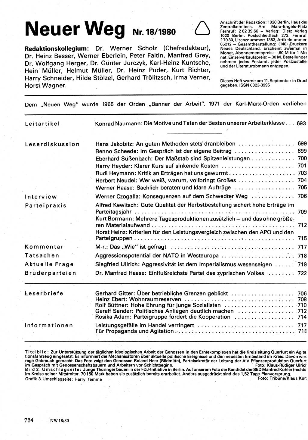 Neuer Weg (NW), Organ des Zentralkomitees (ZK) der SED (Sozialistische Einheitspartei Deutschlands) für Fragen des Parteilebens, 35. Jahrgang [Deutsche Demokratische Republik (DDR)] 1980, Seite 724 (NW ZK SED DDR 1980, S. 724)