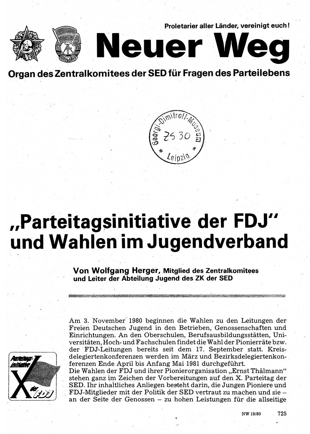 Neuer Weg (NW), Organ des Zentralkomitees (ZK) der SED (Sozialistische Einheitspartei Deutschlands) für Fragen des Parteilebens, 35. Jahrgang [Deutsche Demokratische Republik (DDR)] 1980, Seite 725 (NW ZK SED DDR 1980, S. 725)
