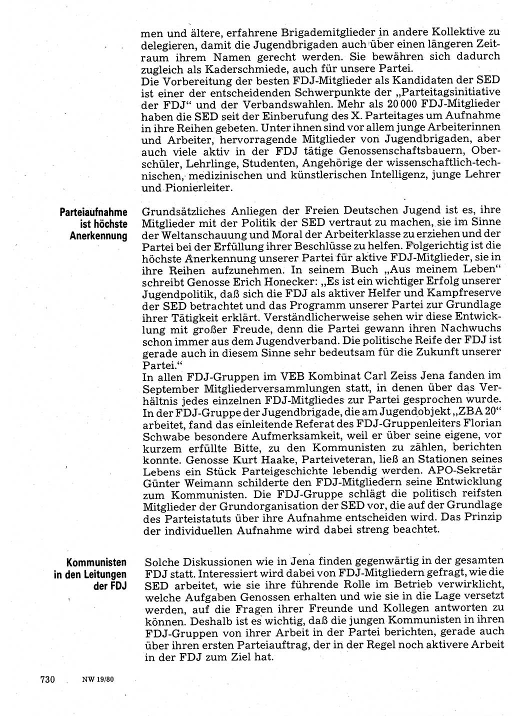 Neuer Weg (NW), Organ des Zentralkomitees (ZK) der SED (Sozialistische Einheitspartei Deutschlands) für Fragen des Parteilebens, 35. Jahrgang [Deutsche Demokratische Republik (DDR)] 1980, Seite 730 (NW ZK SED DDR 1980, S. 730)