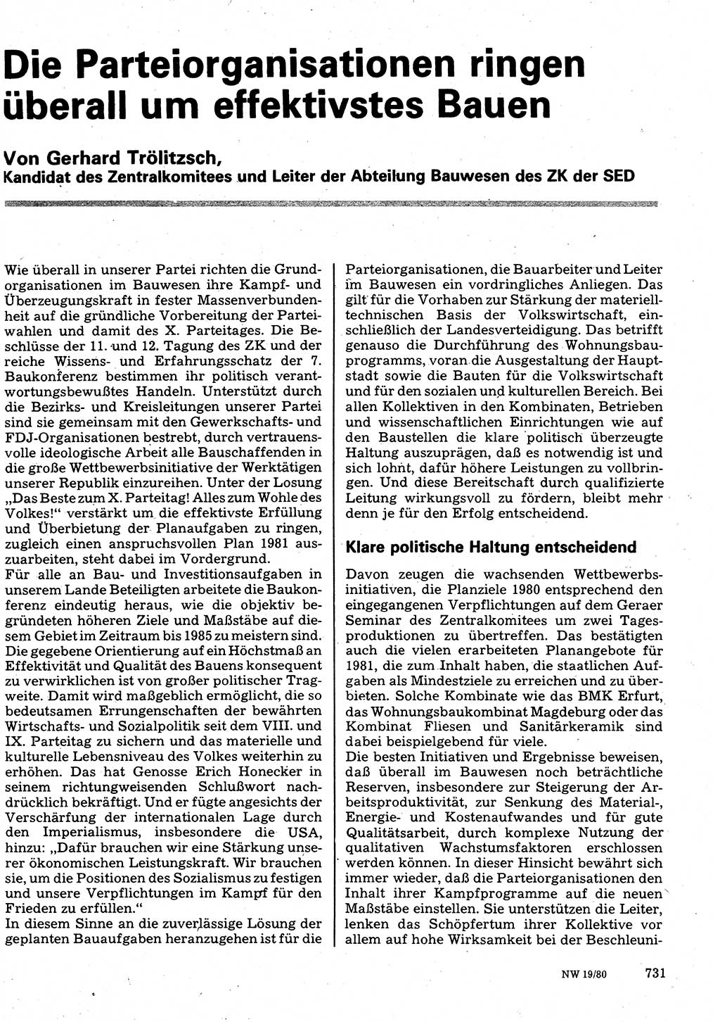 Neuer Weg (NW), Organ des Zentralkomitees (ZK) der SED (Sozialistische Einheitspartei Deutschlands) für Fragen des Parteilebens, 35. Jahrgang [Deutsche Demokratische Republik (DDR)] 1980, Seite 731 (NW ZK SED DDR 1980, S. 731)