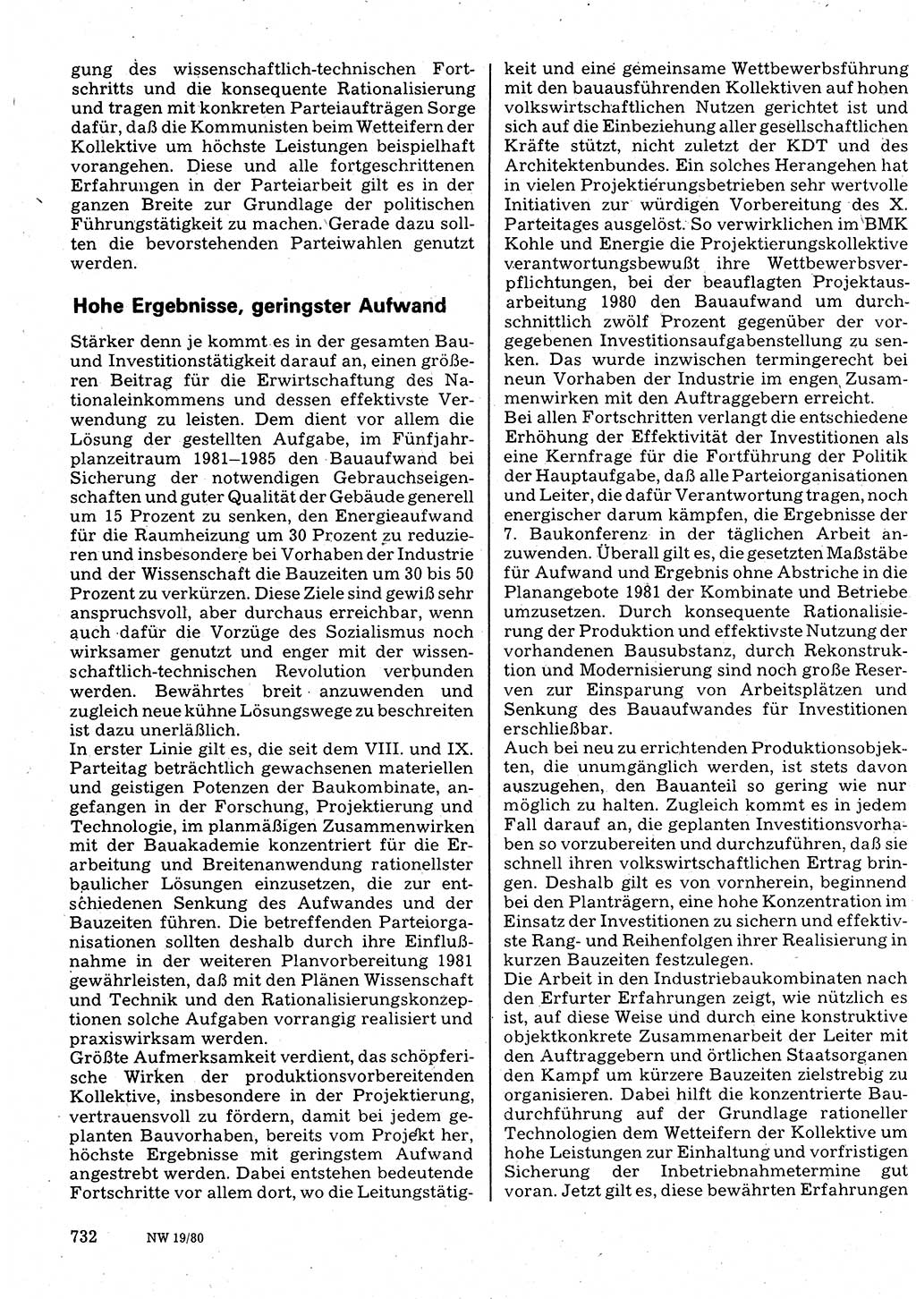 Neuer Weg (NW), Organ des Zentralkomitees (ZK) der SED (Sozialistische Einheitspartei Deutschlands) für Fragen des Parteilebens, 35. Jahrgang [Deutsche Demokratische Republik (DDR)] 1980, Seite 732 (NW ZK SED DDR 1980, S. 732)